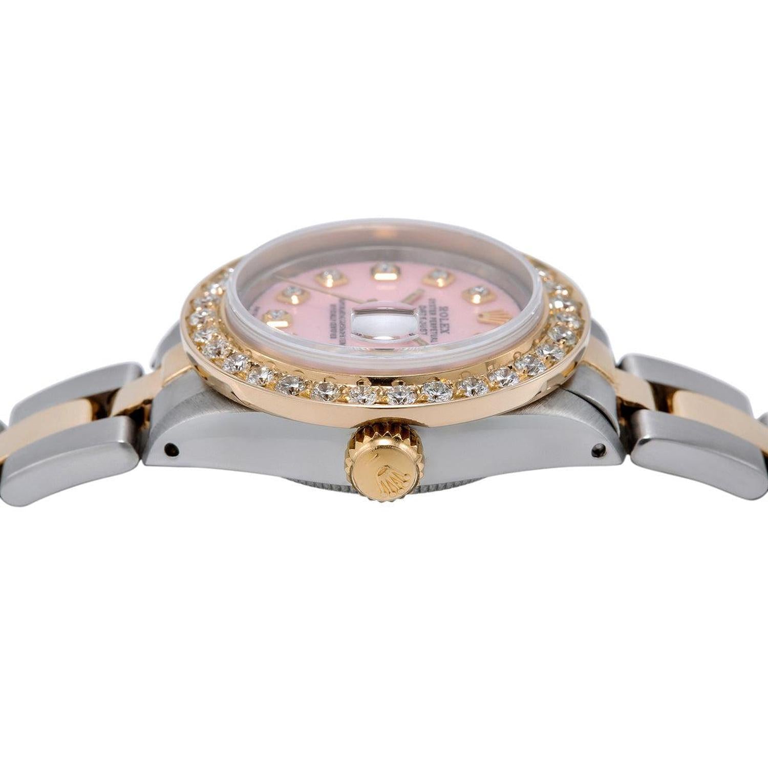 Rolex Datejust 26MM 69173 Pink Mother of Pearl Diamond Dial Diamond Bezel Two Tone Yellow Gold Oyster Bracelet 0.9ct