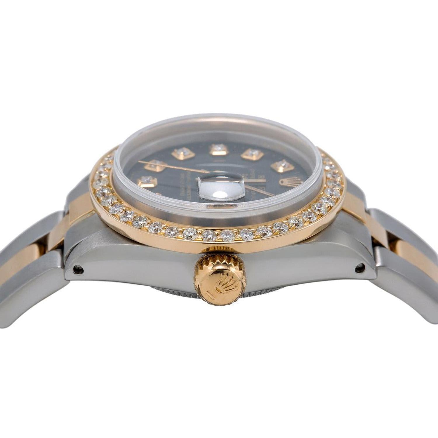 Rolex Datejust 26MM 69173 Black Diamond Dial Diamond Bezel Two Tone Yellow Gold Oyster Bracelet 0.9ct