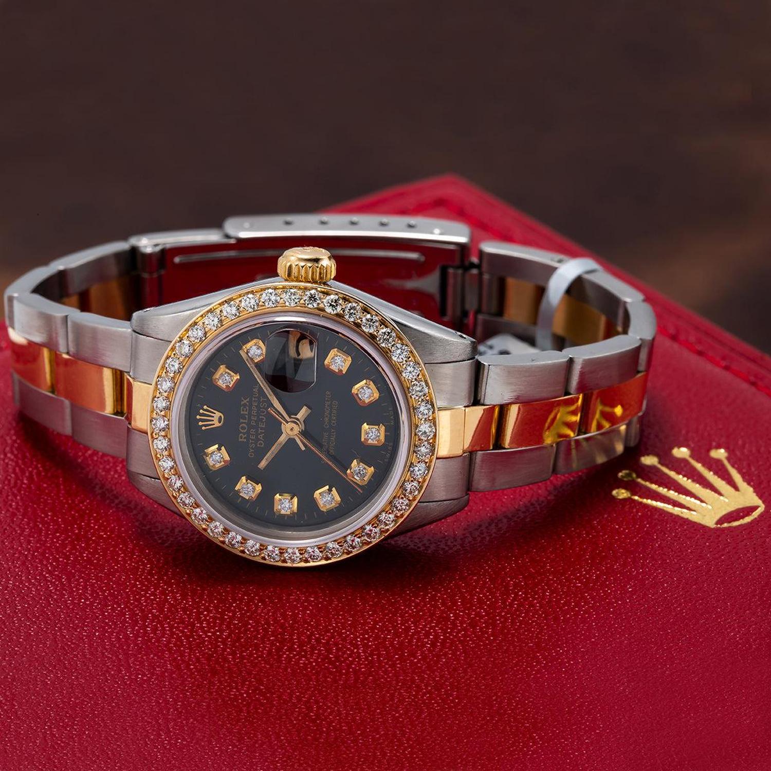 Rolex Datejust 26MM 69173 Black Diamond Dial Diamond Bezel Two Tone Yellow Gold Oyster Bracelet 0.9ct