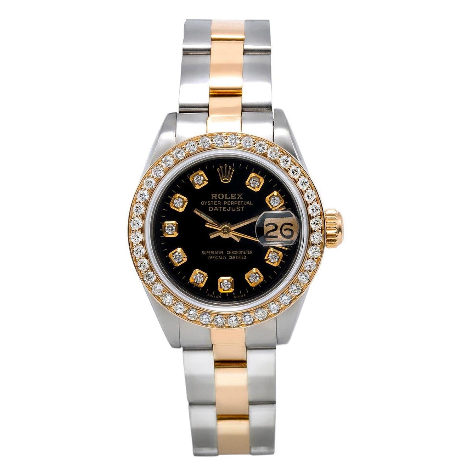 Rolex Datejust 26MM 69173 Black Diamond Dial Diamond Bezel Two Tone Oyster Bracelet 0.9ct
