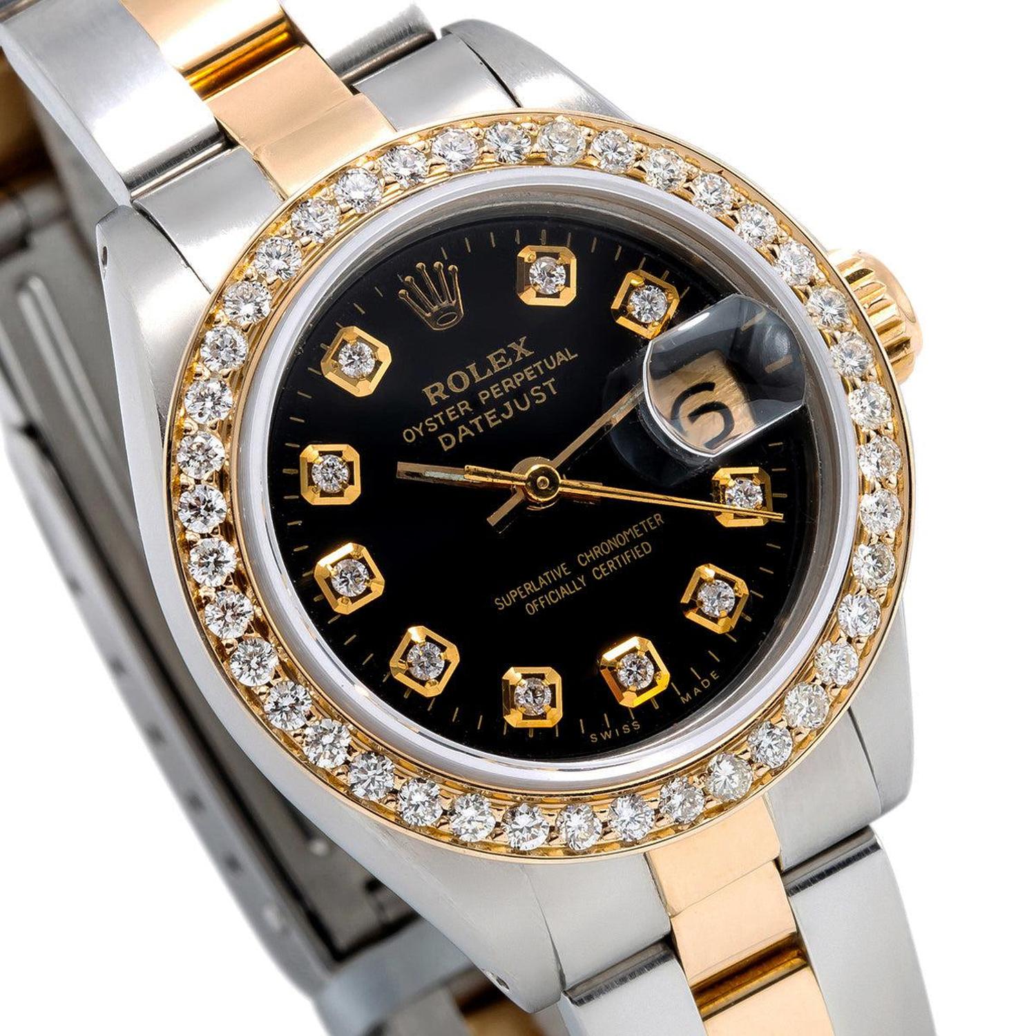 Rolex Datejust 26MM 69173 Black Diamond Dial Diamond Bezel Two Tone Yellow Gold Oyster Bracelet 0.9ct