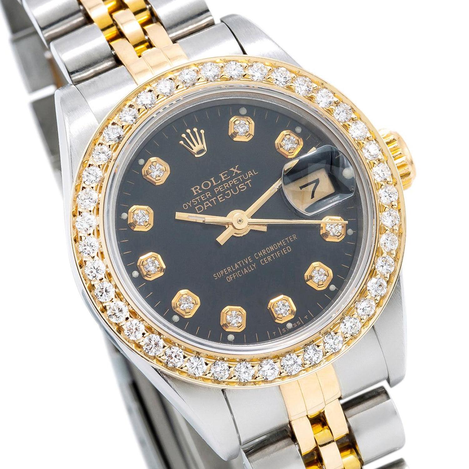 Rolex Datejust 26MM 6917 Black Diamond Dial Diamond Bezel Two Tone Yellow Gold Jubilee Bracelet 0.9ct