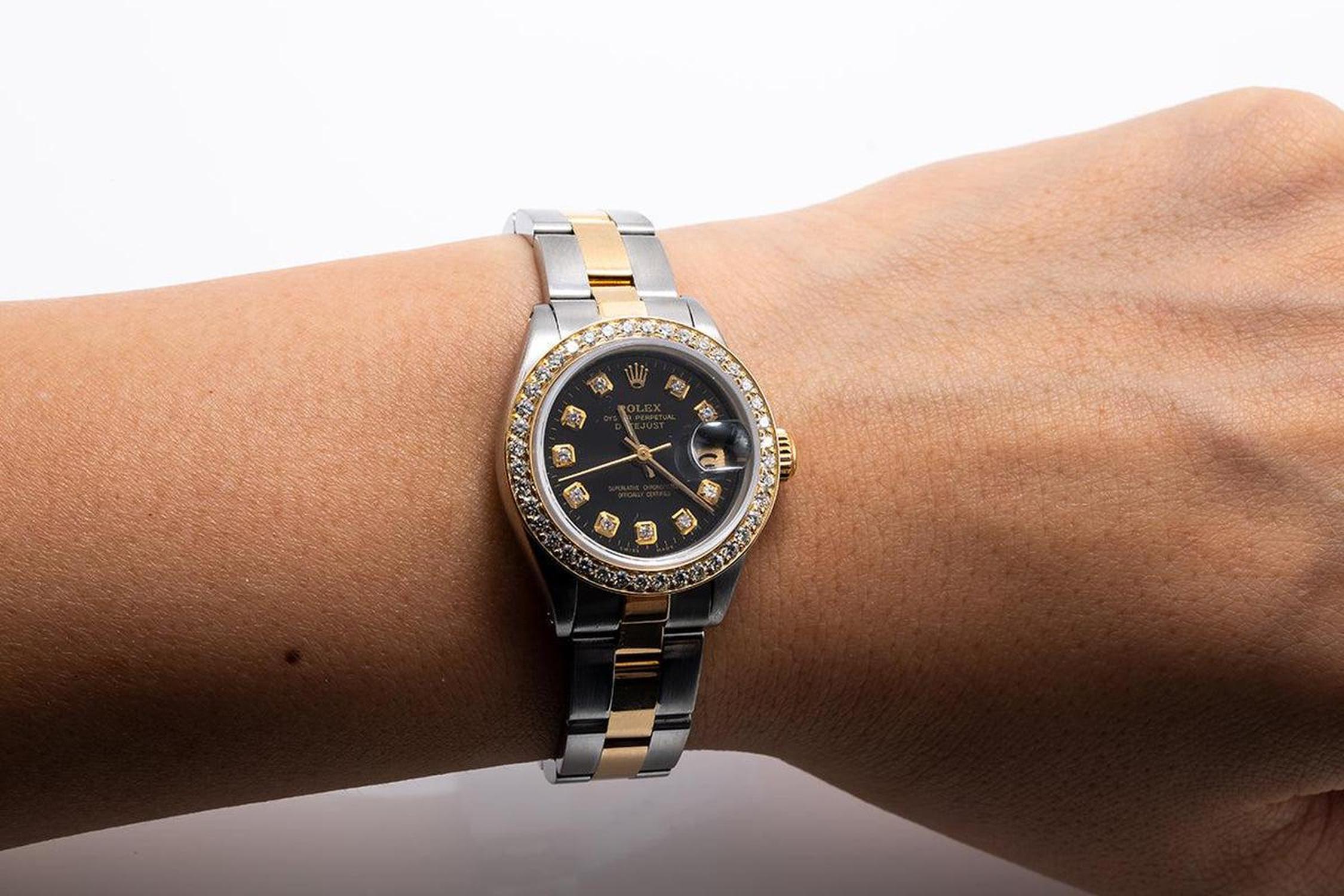 Rolex Datejust 26MM 6917 Black Diamond Dial Diamond Bezel Two Tone Yellow Gold Jubilee Bracelet 0.9ct