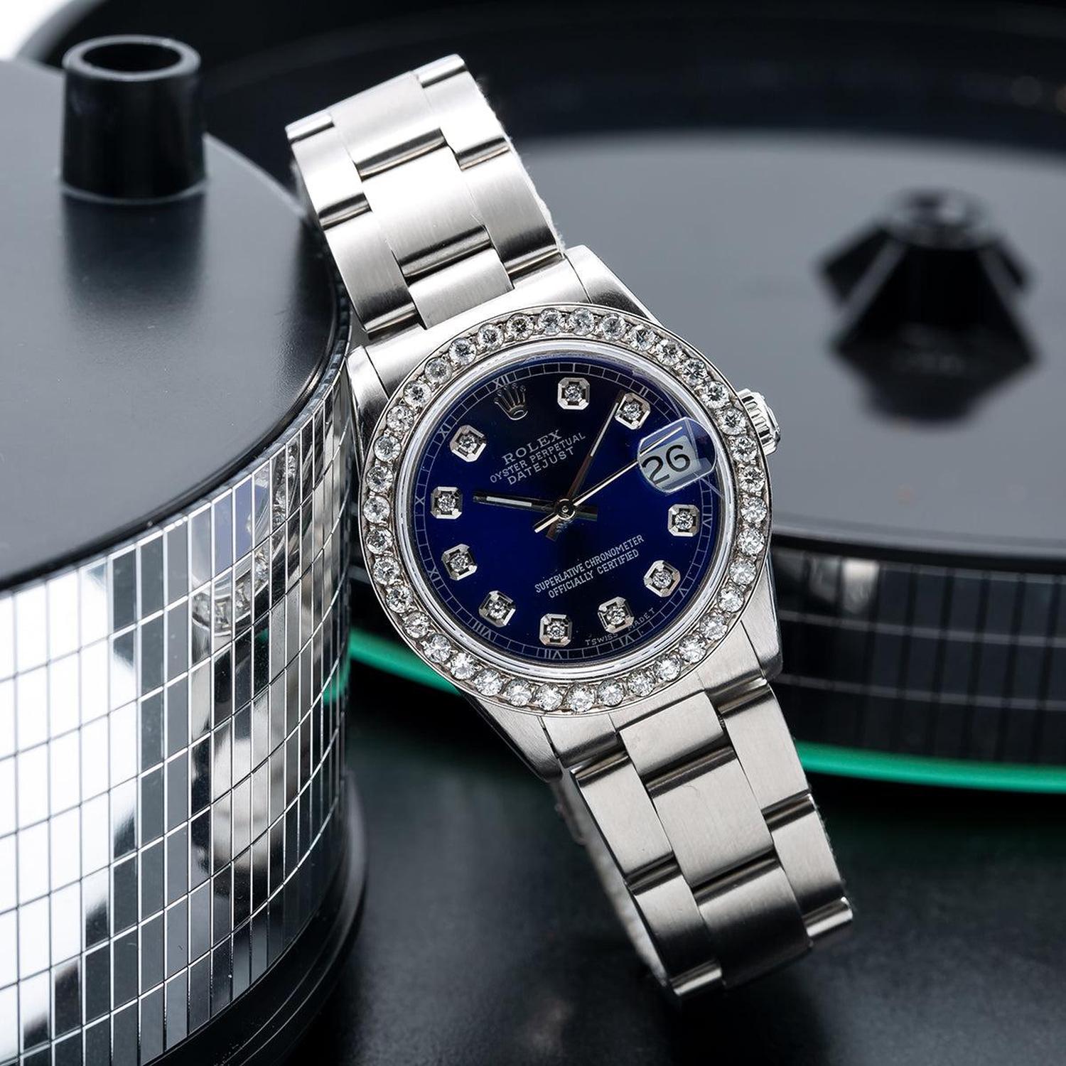 Rolex Datejust 31MM 6824 Blue Diamond Dial Diamond Bezel Stainless Steel Oyster Bracelet 1.05ct