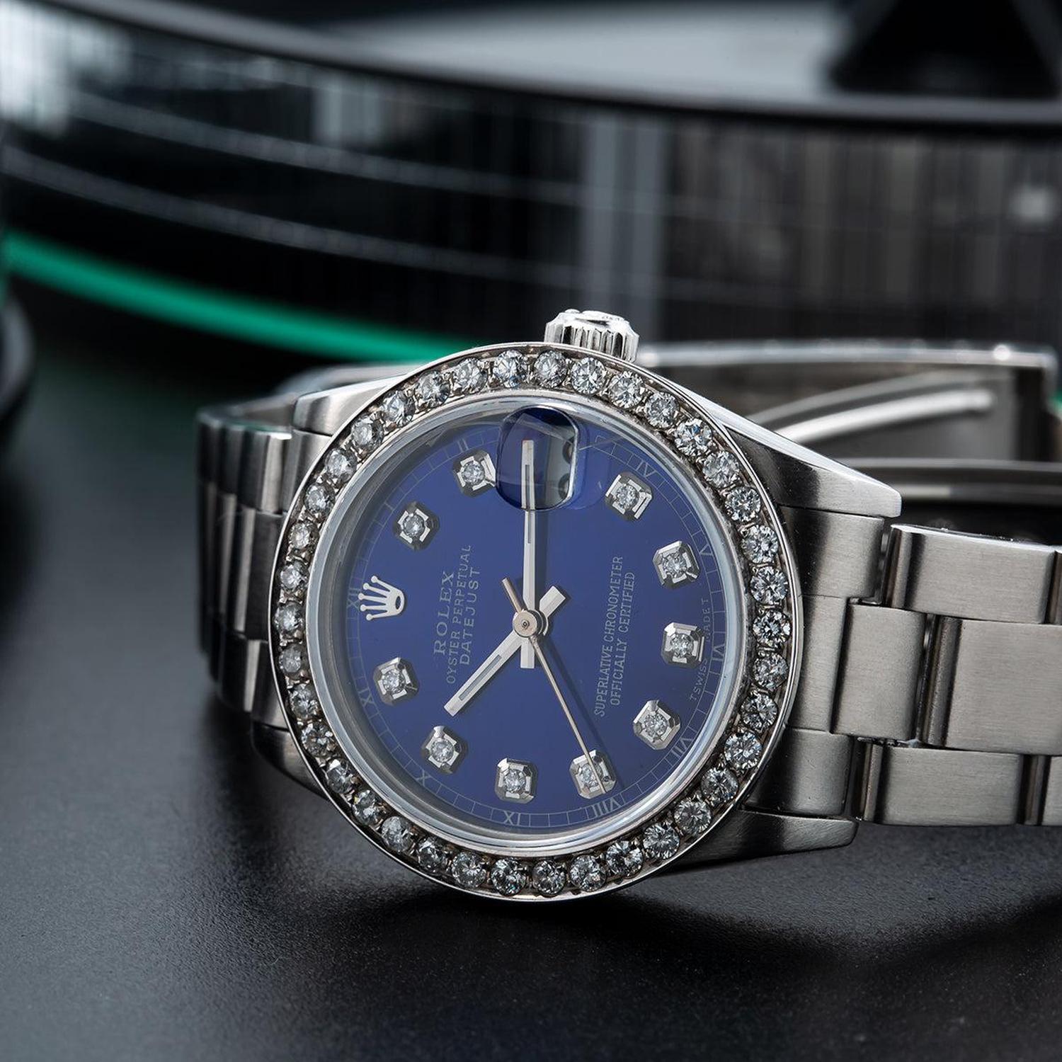 Rolex Datejust 31MM 6824 Blue Diamond Dial Diamond Bezel Stainless Steel Oyster Bracelet 1.05ct