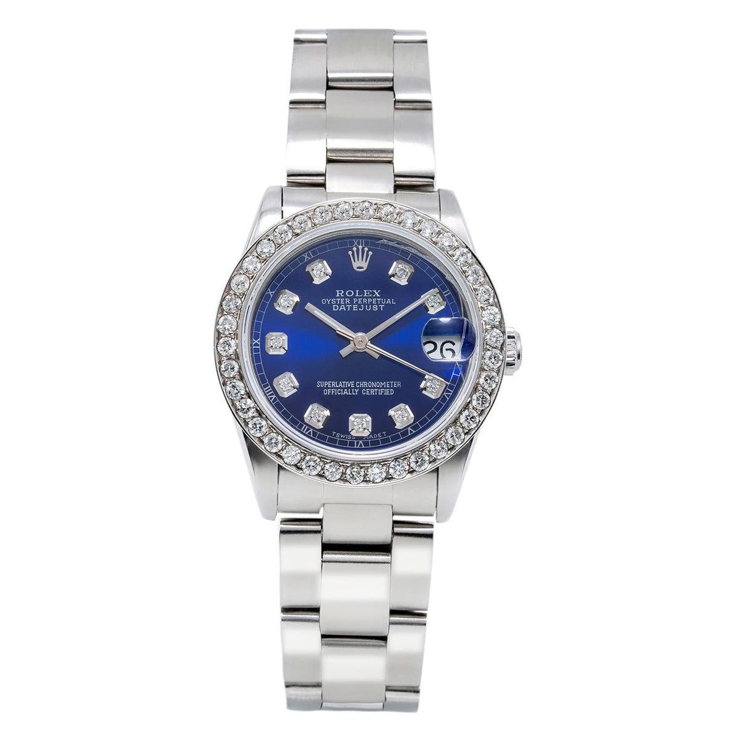 Rolex Datejust 31MM 6824 Blue Diamond Dial Diamond Bezel Stainless Steel Oyster Bracelet 1.05ct