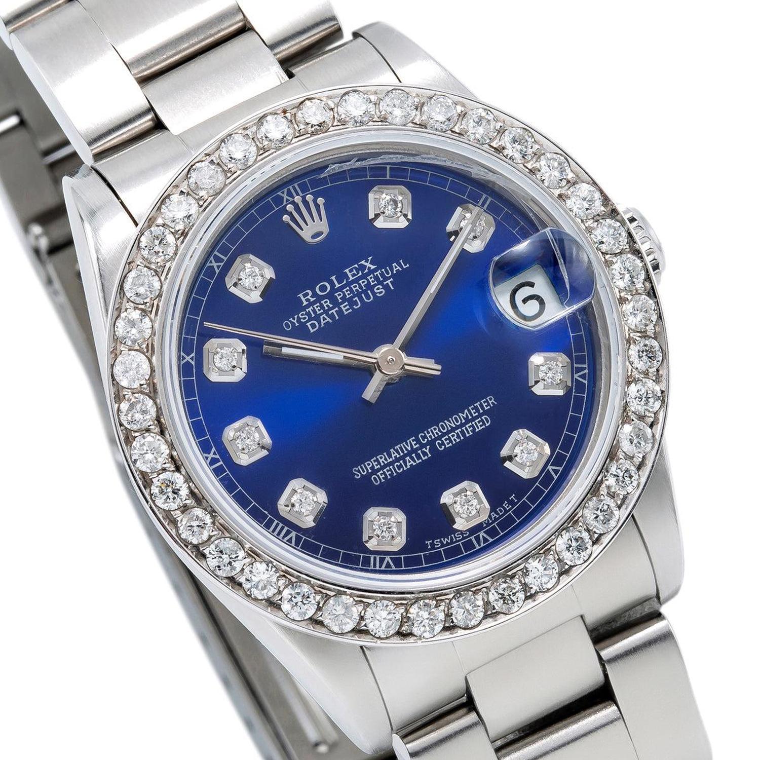 Rolex Datejust 31MM 6824 Blue Diamond Dial Diamond Bezel Stainless Steel Oyster Bracelet 1.05ct