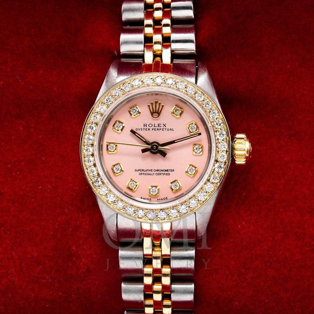 Rolex Oyster Perpetual 26MM Pink Dial With 1.00 CT Diamond Dial & Bezel