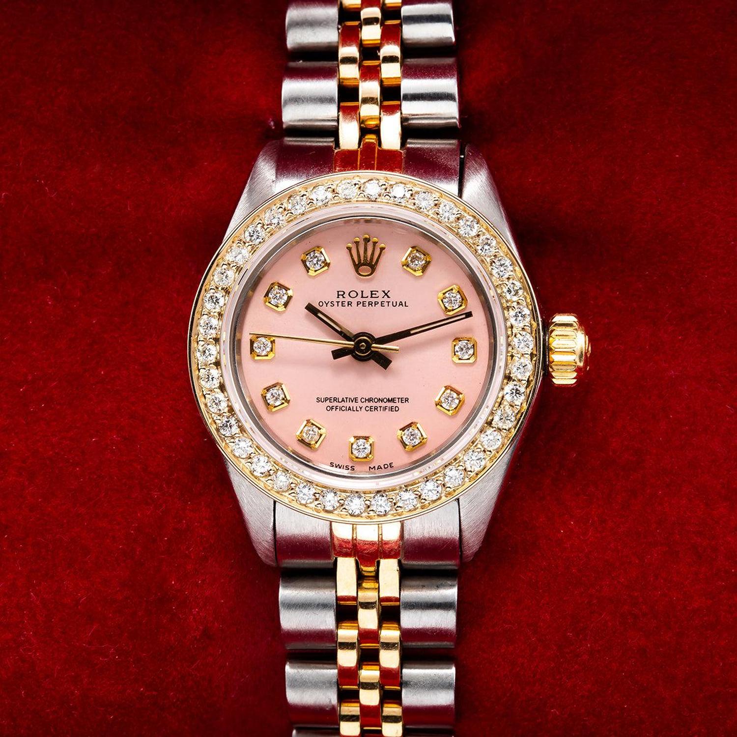 Rolex Oyster Perpetual 26MM 67193 Pink Diamond Dial Diamond Bezel Two Tone Yellow Gold Jubilee Bracelet 1ct