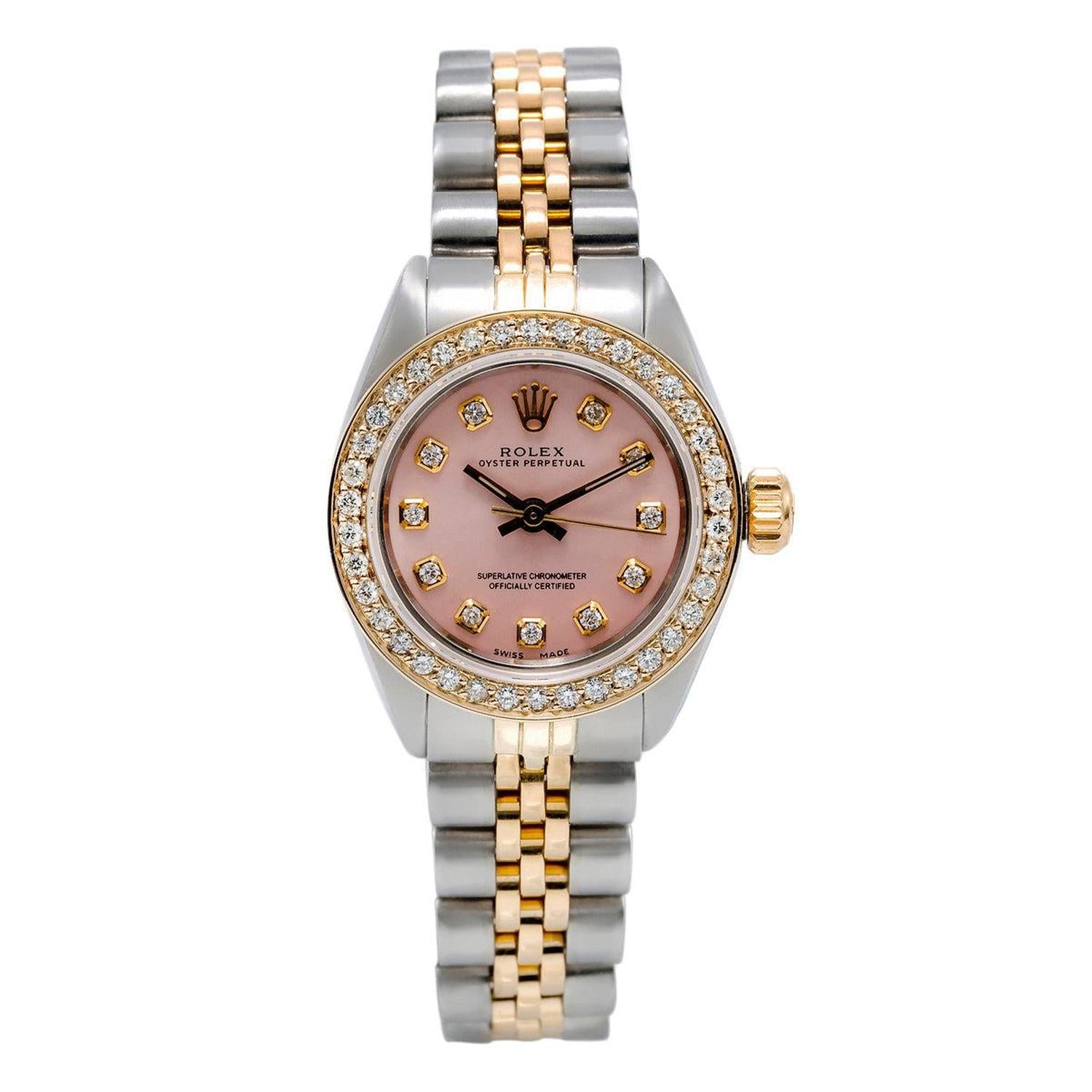 Rolex Oyster Perpetual 26MM 67193 Pink Diamond Dial Diamond Bezel Two Tone Jubilee Bracelet 1ct
