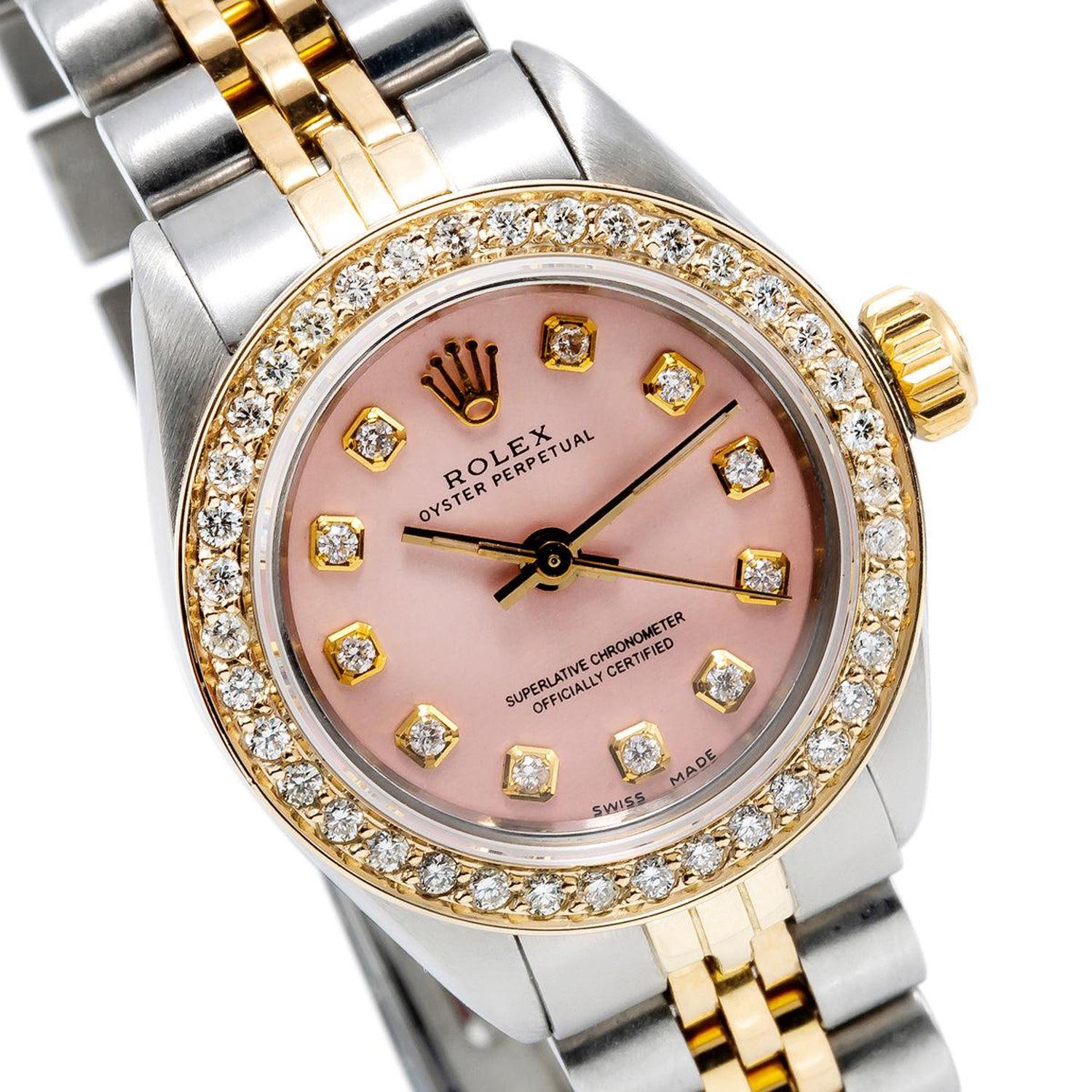 Rolex Oyster Perpetual 26MM 67193 Pink Diamond Dial Diamond Bezel Two Tone Yellow Gold Jubilee Bracelet 1ct