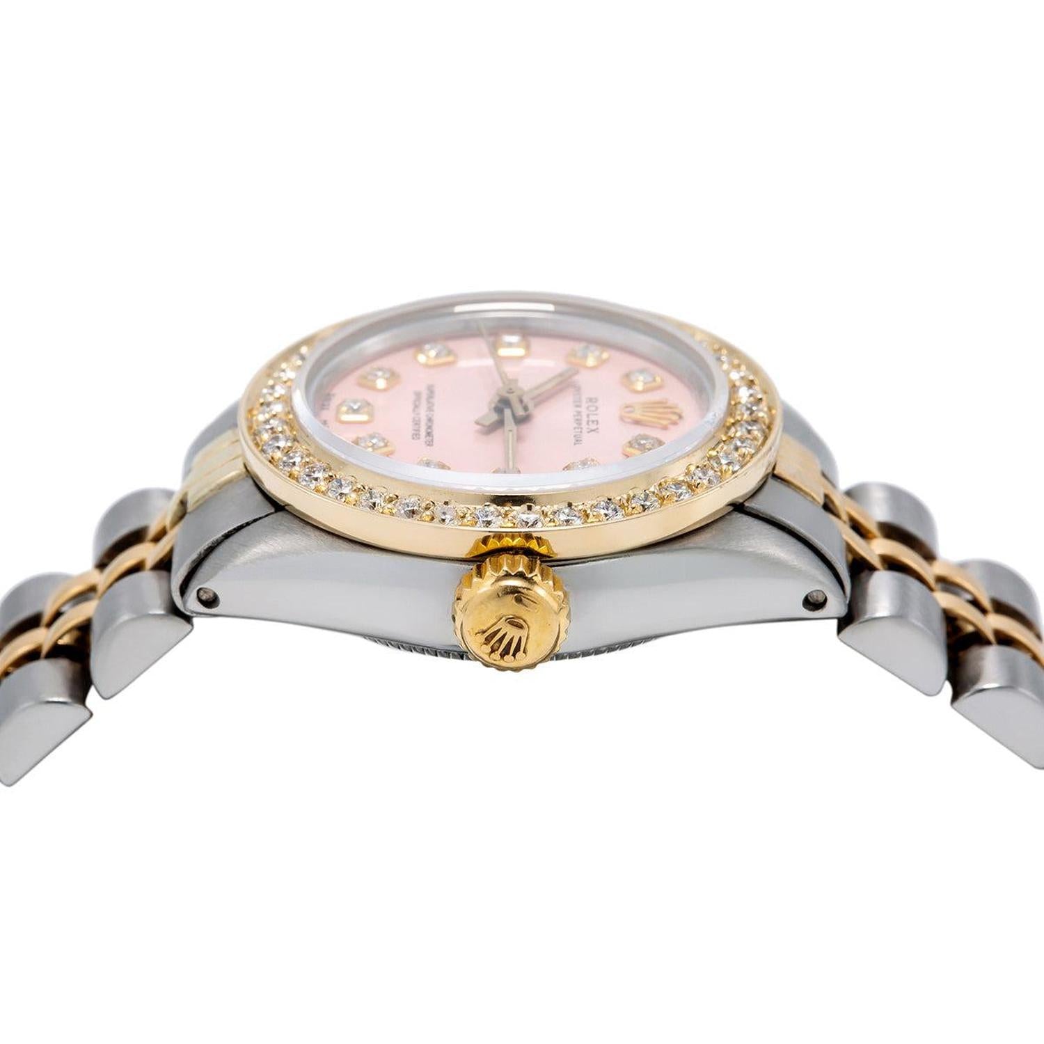 Rolex Oyster Perpetual 26MM 67193 Pink Diamond Dial Diamond Bezel Two Tone Yellow Gold Jubilee Bracelet 1ct