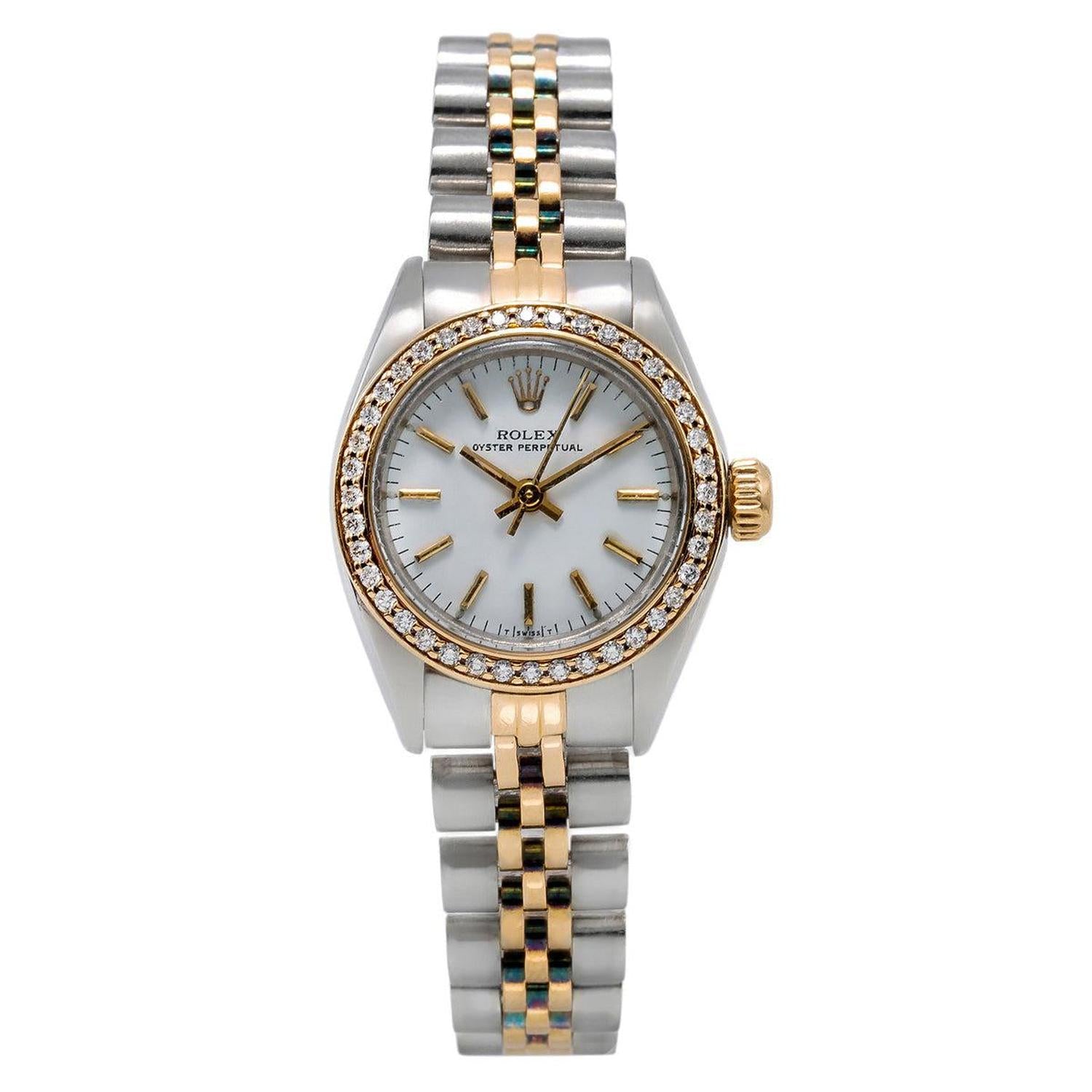 Rolex Oyster Perpetual 26MM 67193 White Dial Diamond Bezel Two Tone Jubilee Bracelet 0.8ct