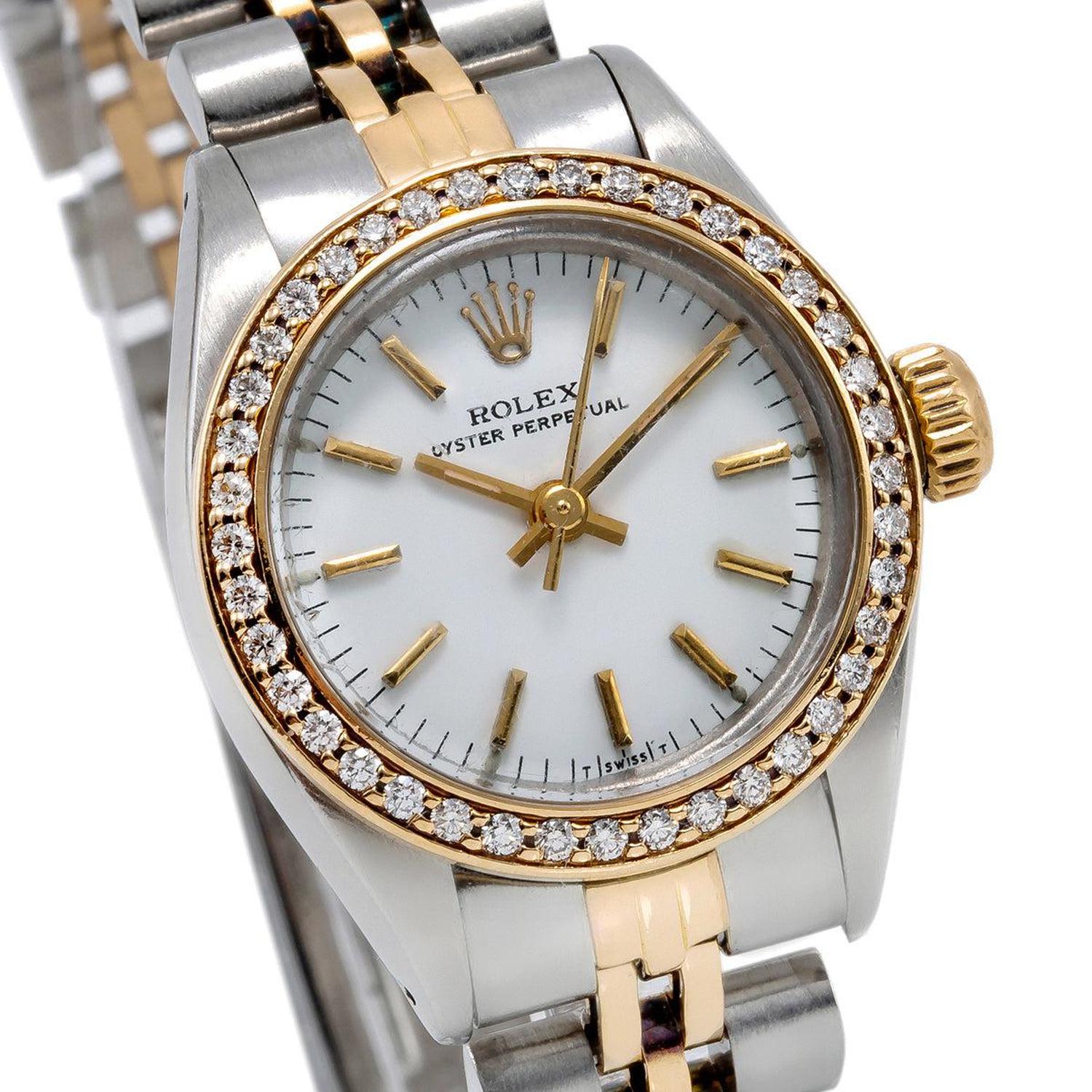 Rolex Oyster Perpetual 26MM 67193 White Dial Diamond Bezel Two Tone Yellow Gold Jubilee Bracelet 0.8ct