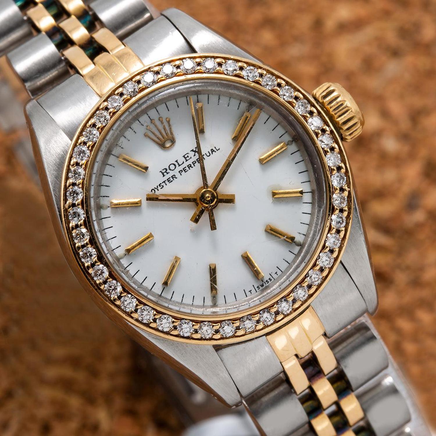 Rolex Oyster Perpetual 26MM 67193 White Dial Diamond Bezel Two Tone Yellow Gold Jubilee Bracelet 0.8ct
