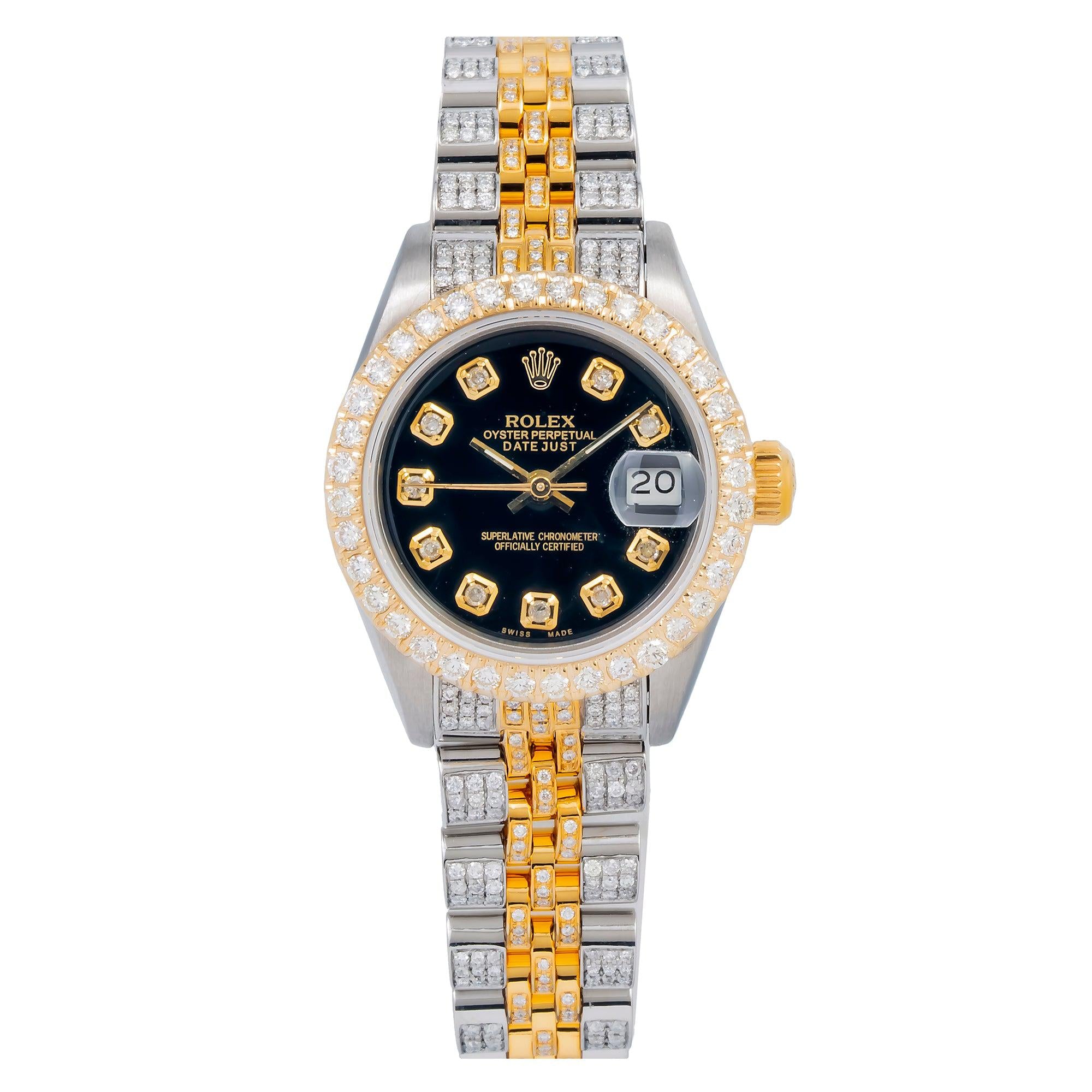 Rolex Datejust 26MM 69173 Black Diamond Dial Diamond Bezel Two Tone Full Diamond Jubilee Bracelet