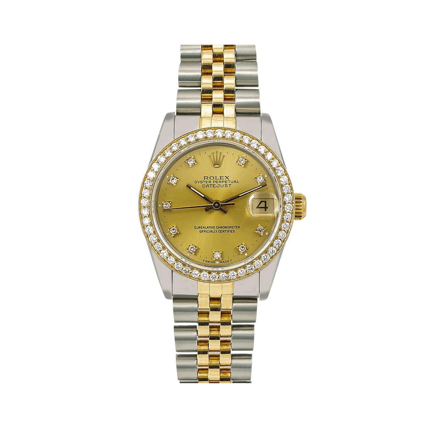 Rolex Datejust 31MM 6824 Champagne Diamond Dial Diamond Bezel Two Tone Jubilee Bracelet 1.05ct