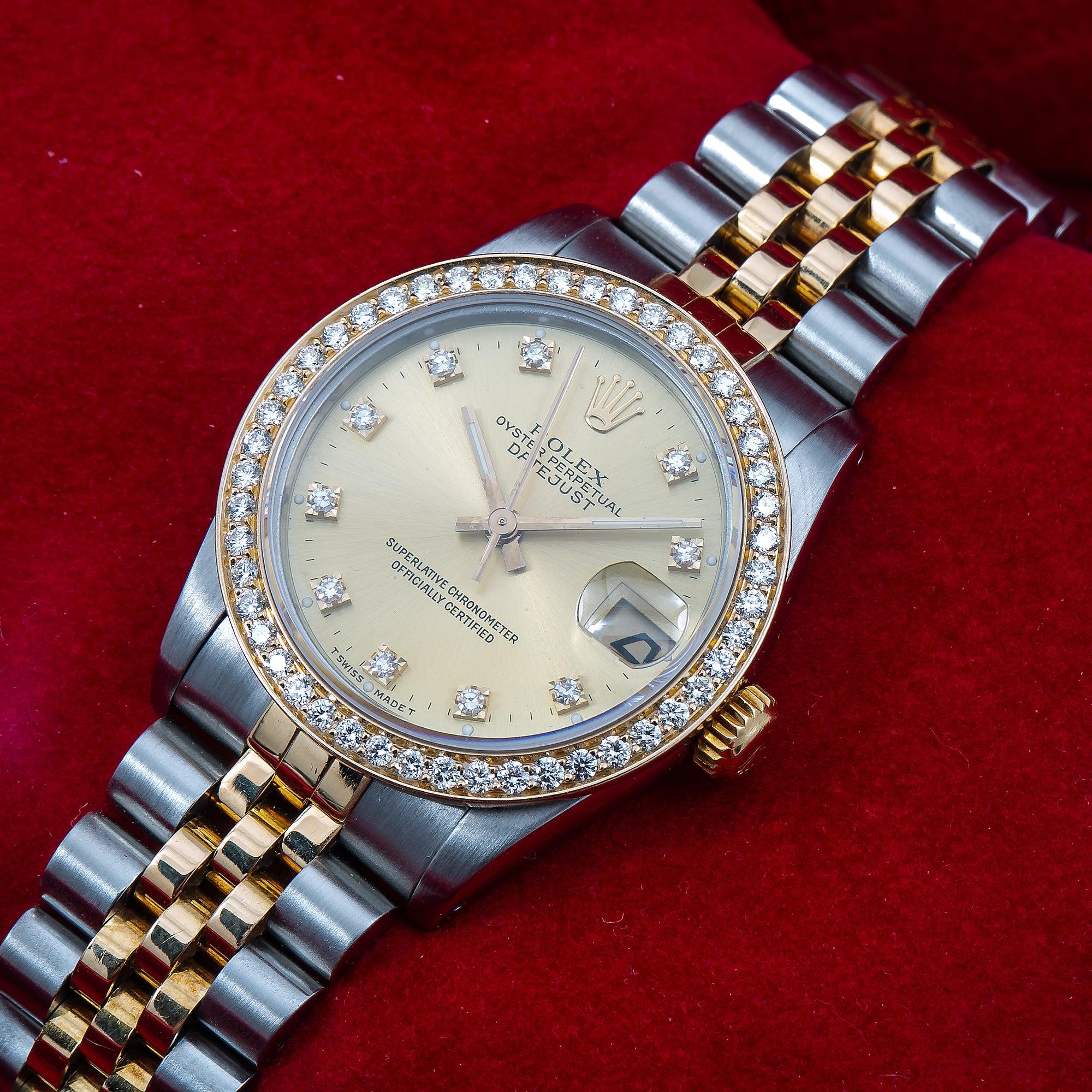 Rolex Datejust 31MM 6824 Champagne Diamond Dial Diamond Bezel Two Tone Yellow Gold Jubilee Bracelet 1.05ct