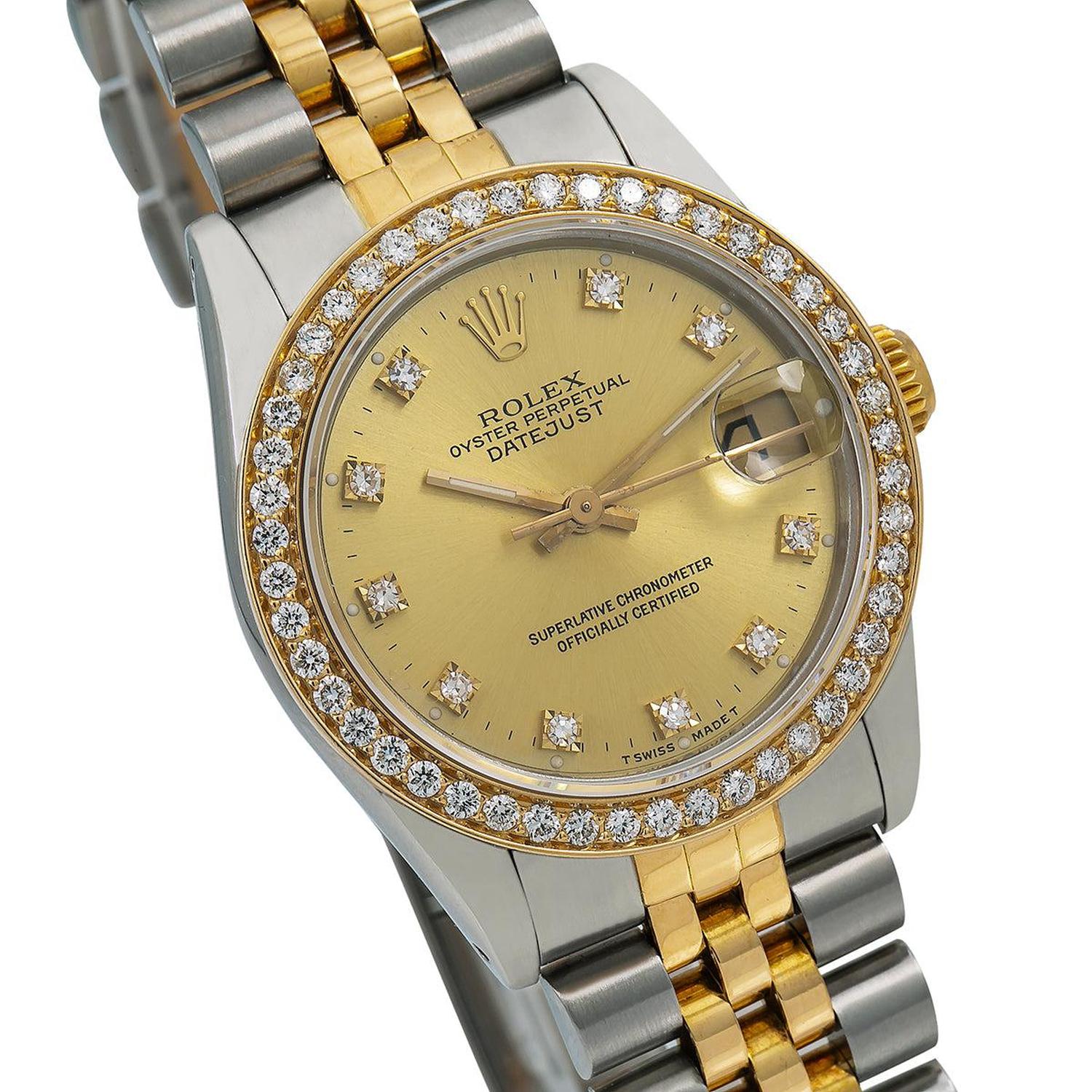 Rolex Datejust 31MM 6824 Champagne Diamond Dial Diamond Bezel Two Tone Yellow Gold Jubilee Bracelet 1.05ct
