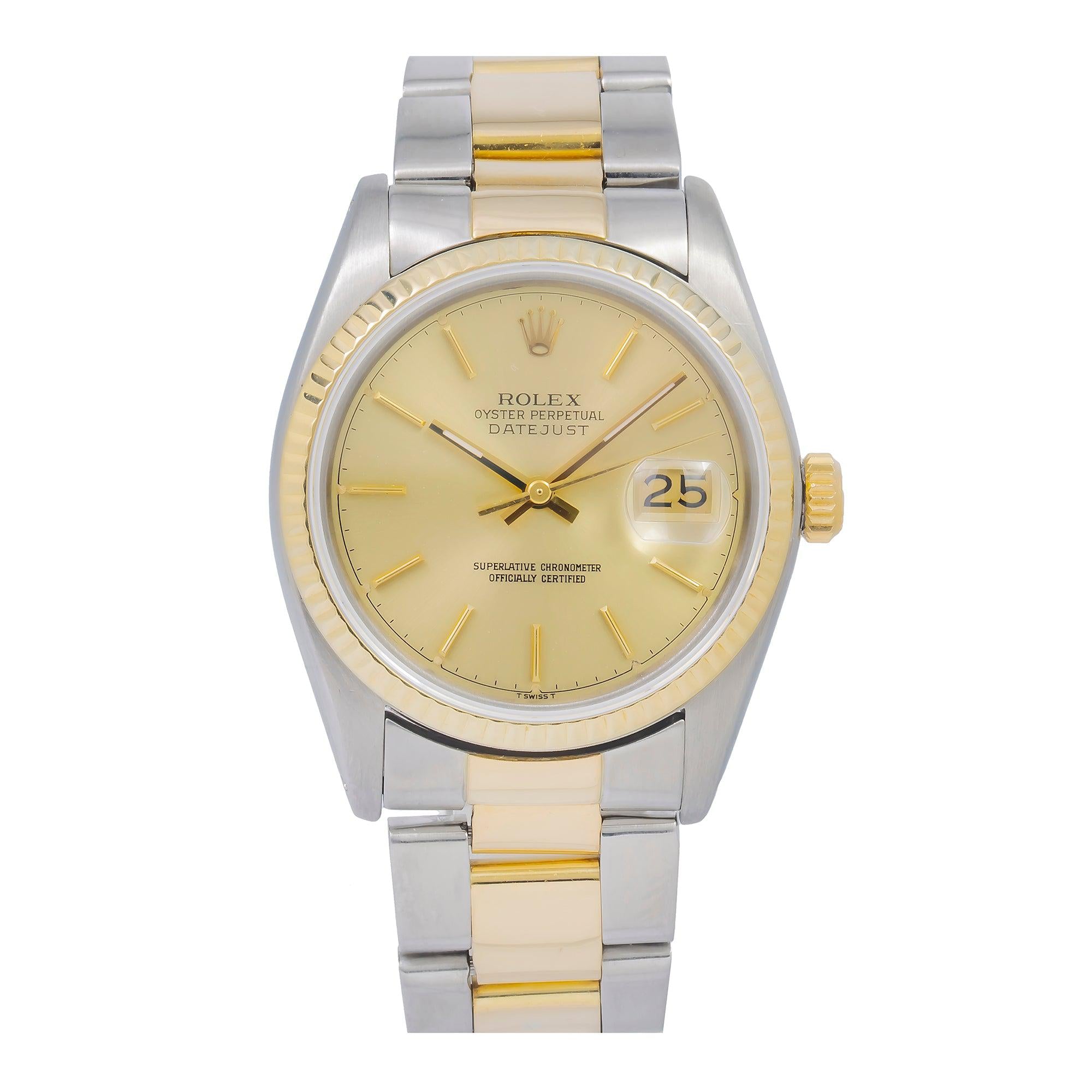 Rolex Datejust 36MM 16013 Champagne Dial Yellow Gold Fluted Bezel Two Tone Oyster Bracelet