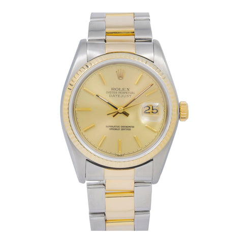 Rolex Datejust 36MM 16013 Champagne Dial Fluted Bezel Two Tone Yellow Gold Oyster Bracelet