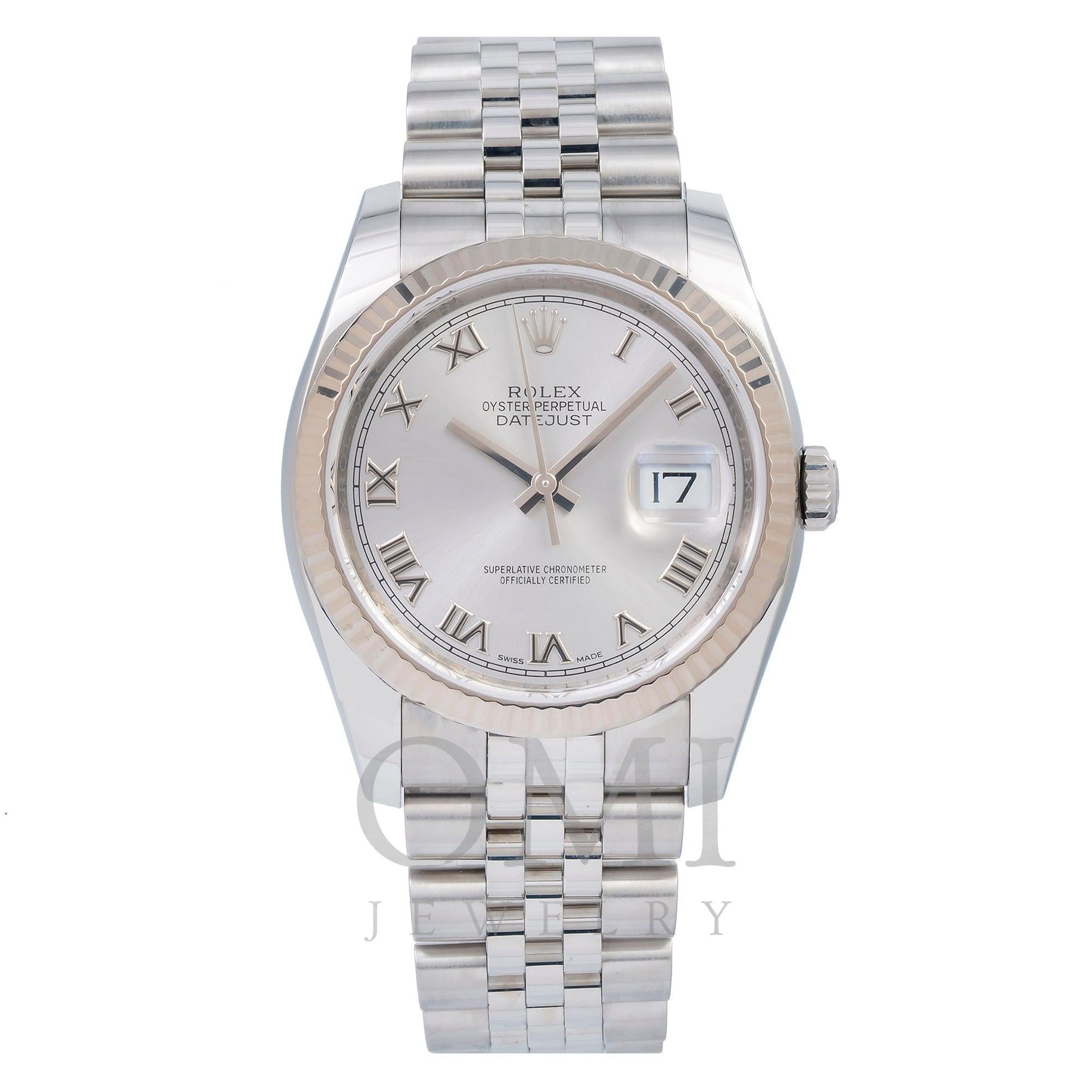 Rolex Datejust 36MM 116234 Silver Roman Dial White Gold Fluted Bezel Stainless Steel Jubilee Bracelet