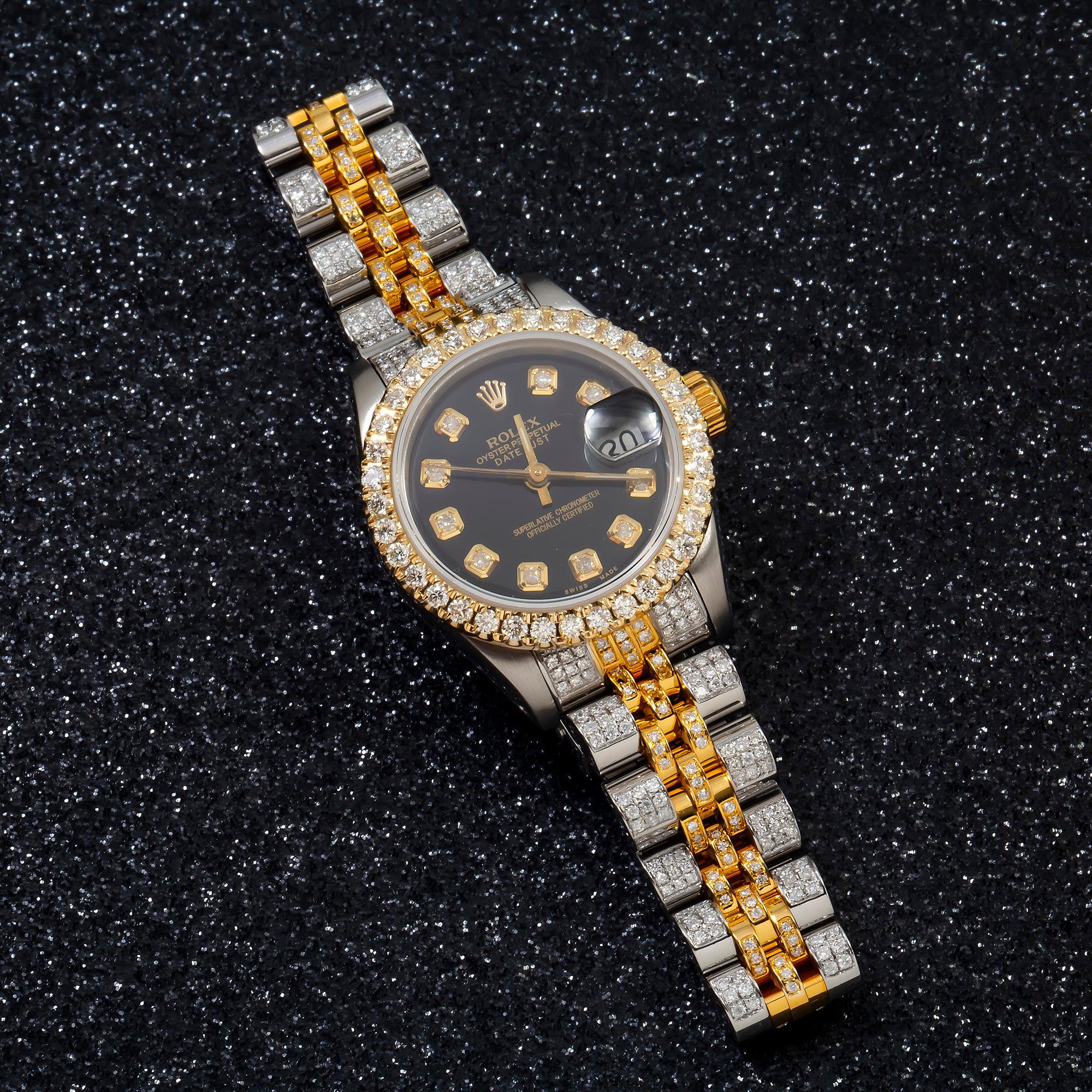 Rolex Datejust 26MM 6917 Black Diamond Dial Diamond Bezel Two Tone Yellow Gold Full Diamond Jubilee Bracelet
