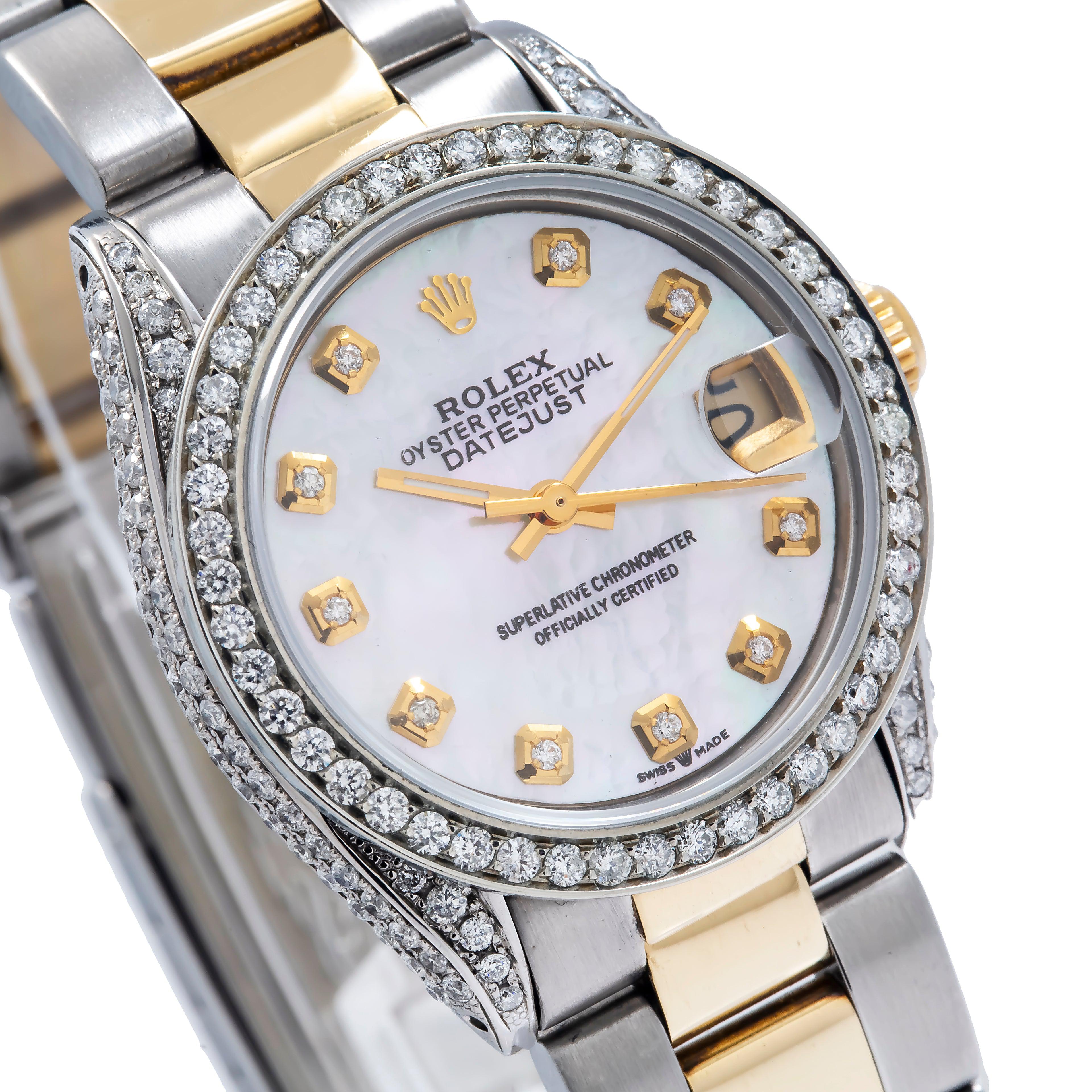 Rolex Datejust 31MM 68243 White Mother of Pearl Diamond Dial Diamond Bezel Two Tone Yellow Gold Oyster Bracelet