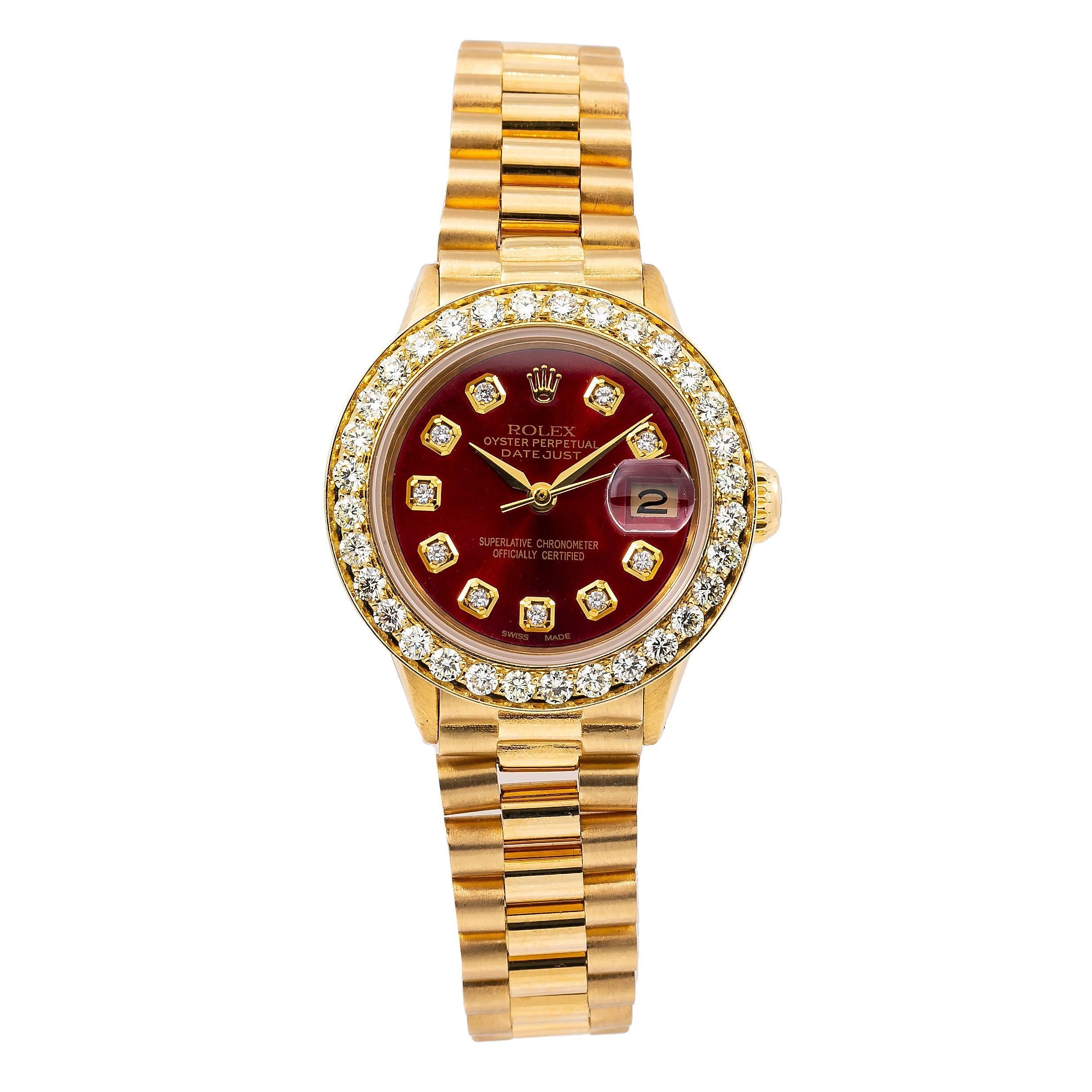 Rolex Datejust 26MM 69178 Red Diamond Dial Diamond Bezel 18K Yellow Gold President Bracelet 0.95ct