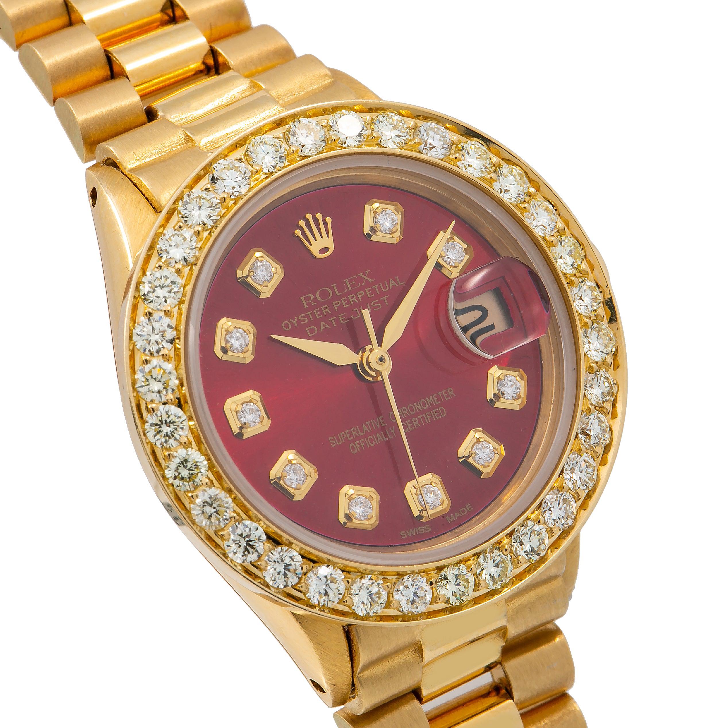 Rolex Datejust 26MM 69178 Red Diamond Dial Diamond Bezel 18K Yellow Gold President Bracelet 0.95ct