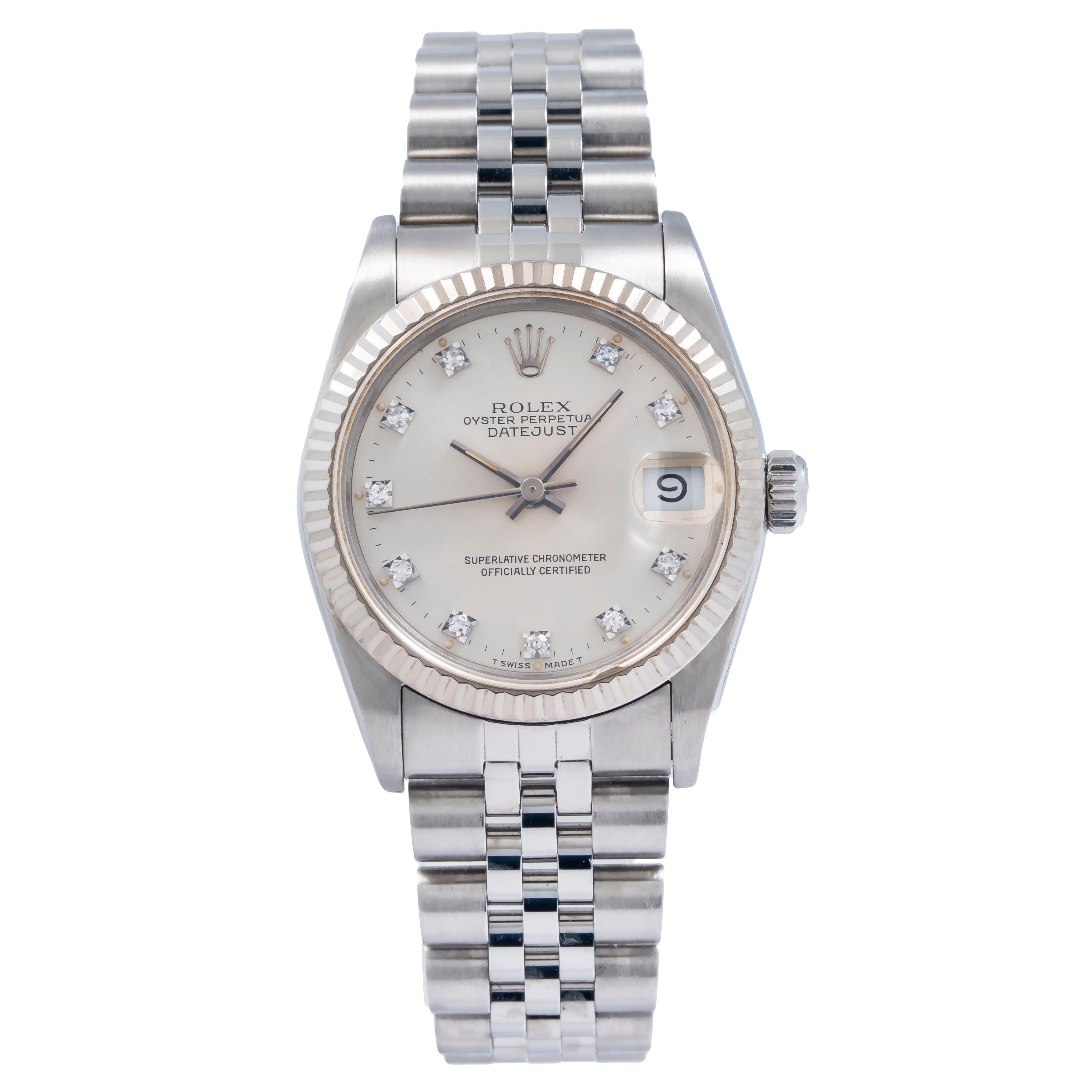 Rolex Datejust 31MM 78274 Silver Diamond Dial White Gold Fluted Bezel Stainless Steel Jubilee Bracelet