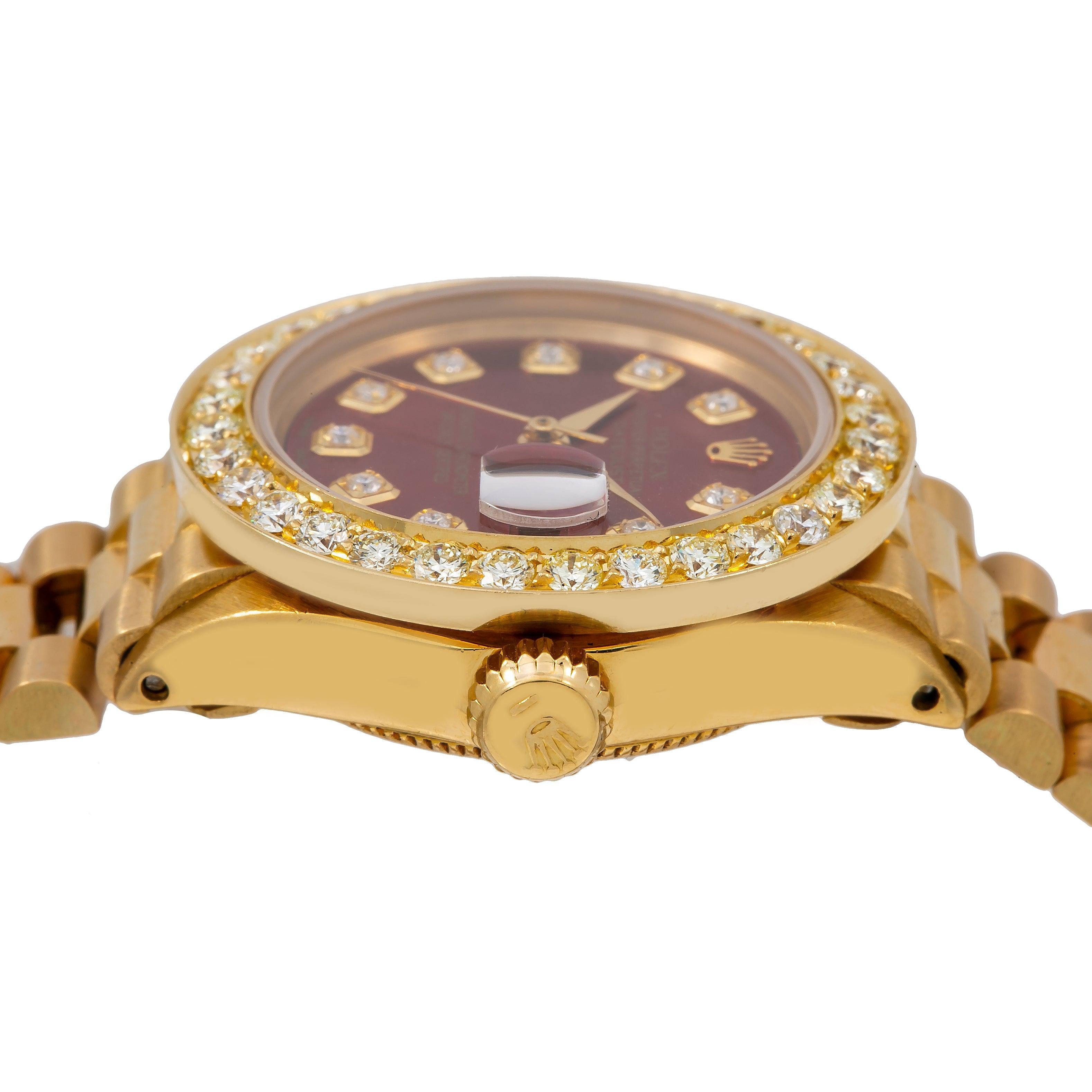 Rolex Datejust 26MM 69178 Red Diamond Dial Diamond Bezel 18K Yellow Gold President Bracelet 0.95ct