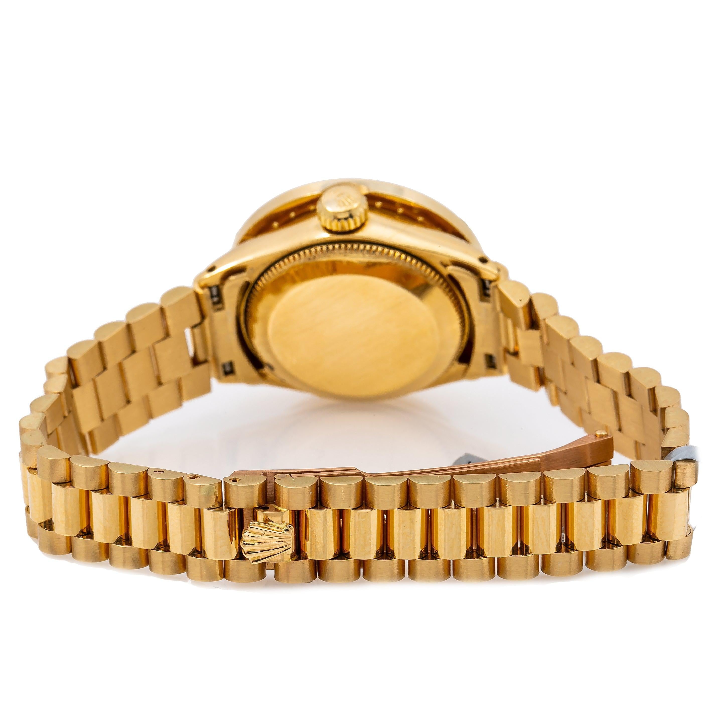 Rolex Datejust 26MM 69178 Red Diamond Dial Diamond Bezel 18K Yellow Gold President Bracelet 0.95ct