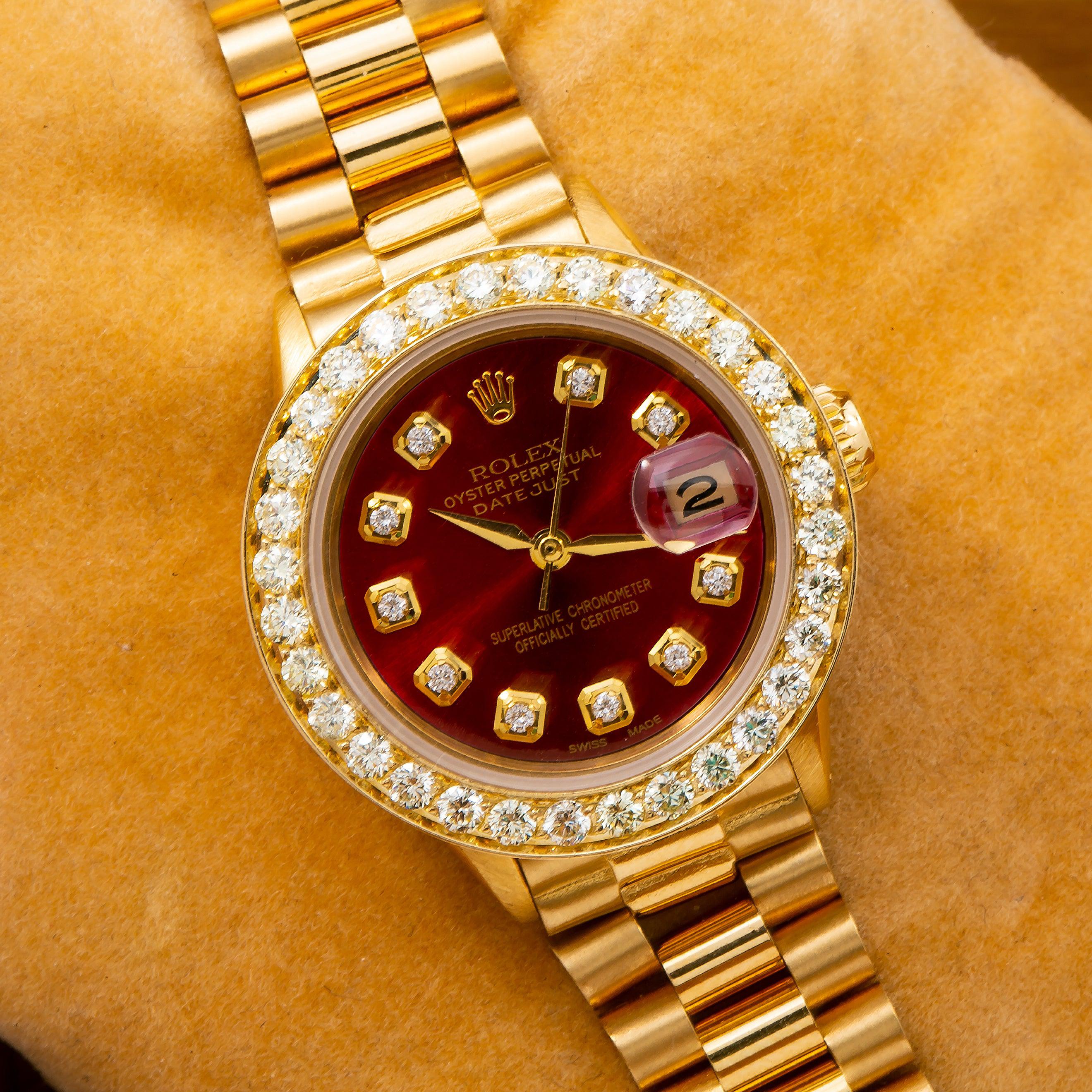 Rolex Datejust 26MM 69178 Red Diamond Dial Diamond Bezel 18K Yellow Gold President Bracelet 0.95ct