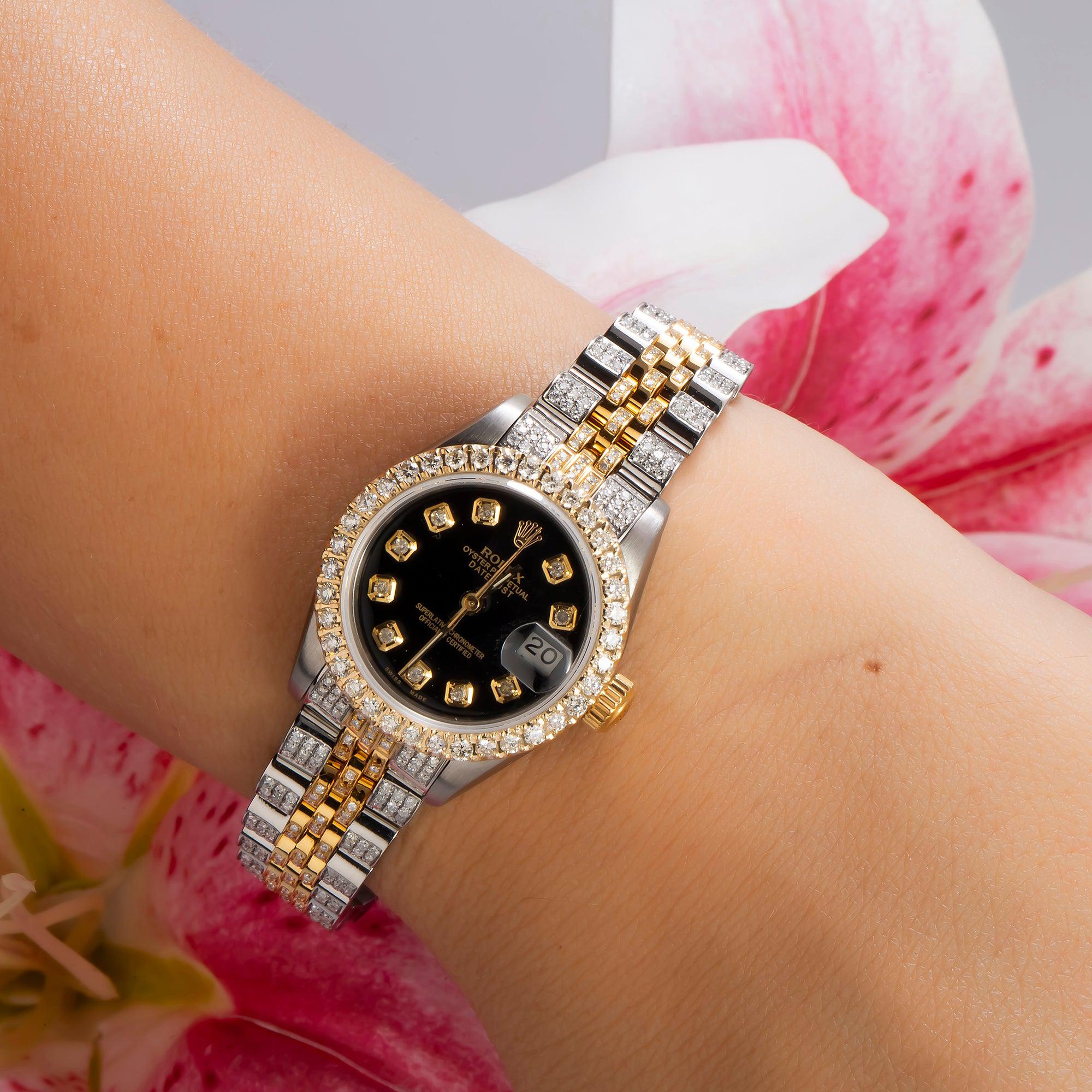 Rolex Datejust 26MM 69173 Black Diamond Dial Diamond Bezel Two Tone Yellow Gold Full Diamond Jubilee Bracelet