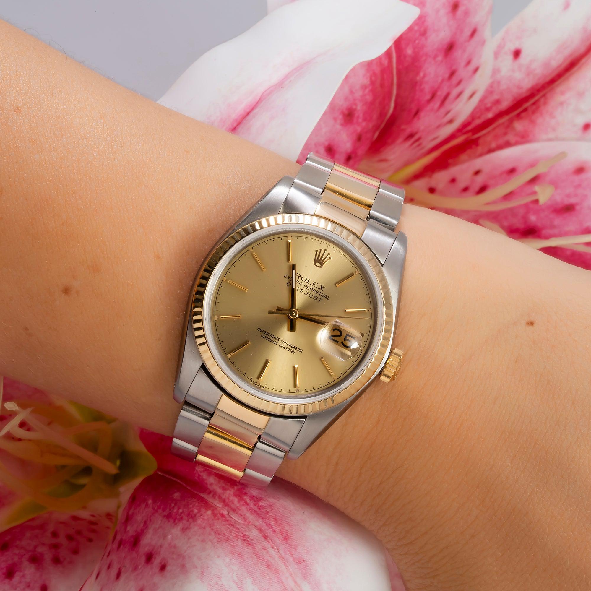 Rolex Datejust 36MM 16013 Champagne Dial Yellow Gold Fluted Bezel Two Tone Oyster Bracelet