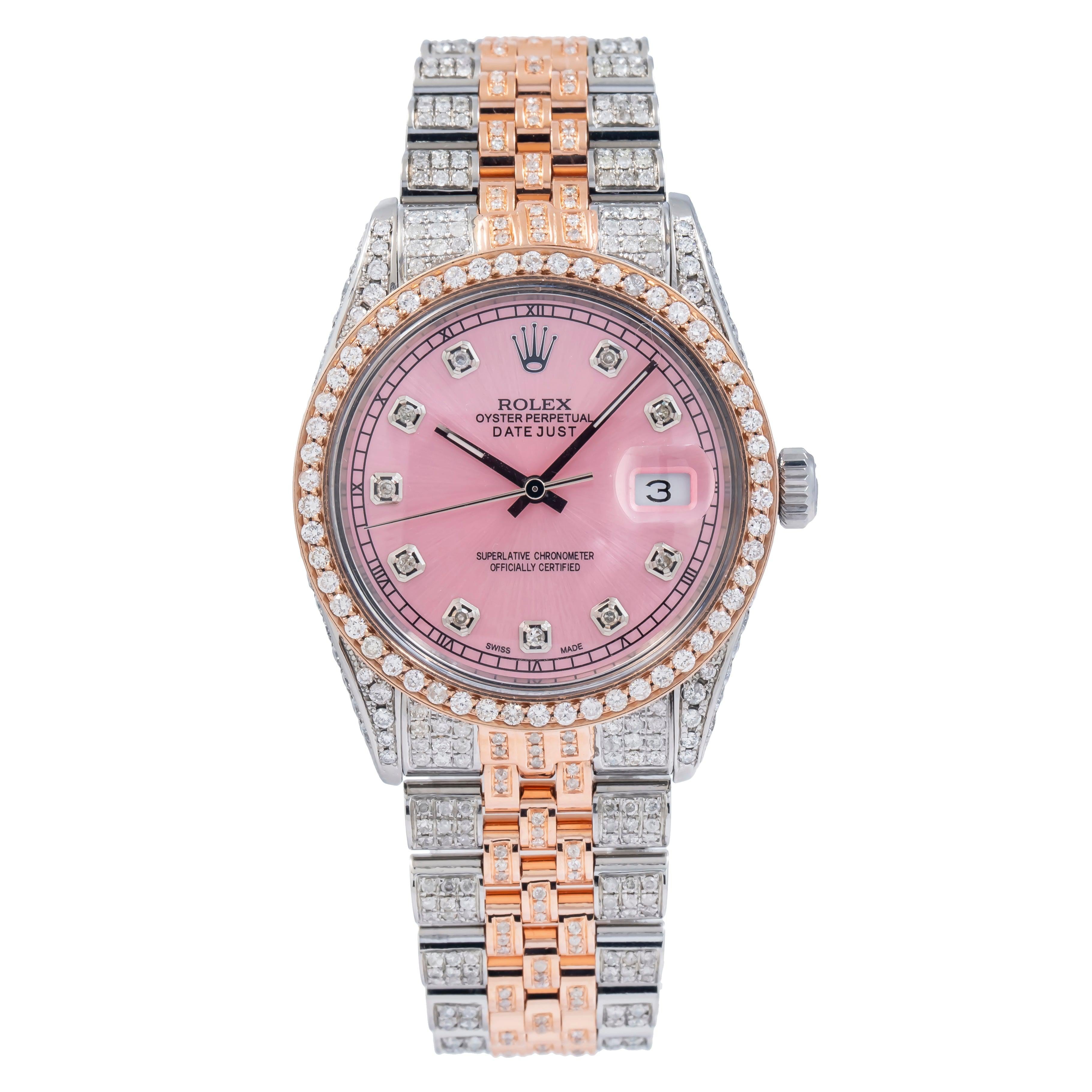 Rolex Datejust 36MM 16231 Pink Diamond Dial Diamond Bezel Two Tone Full Diamond Jubilee Bracelet 8.25ct