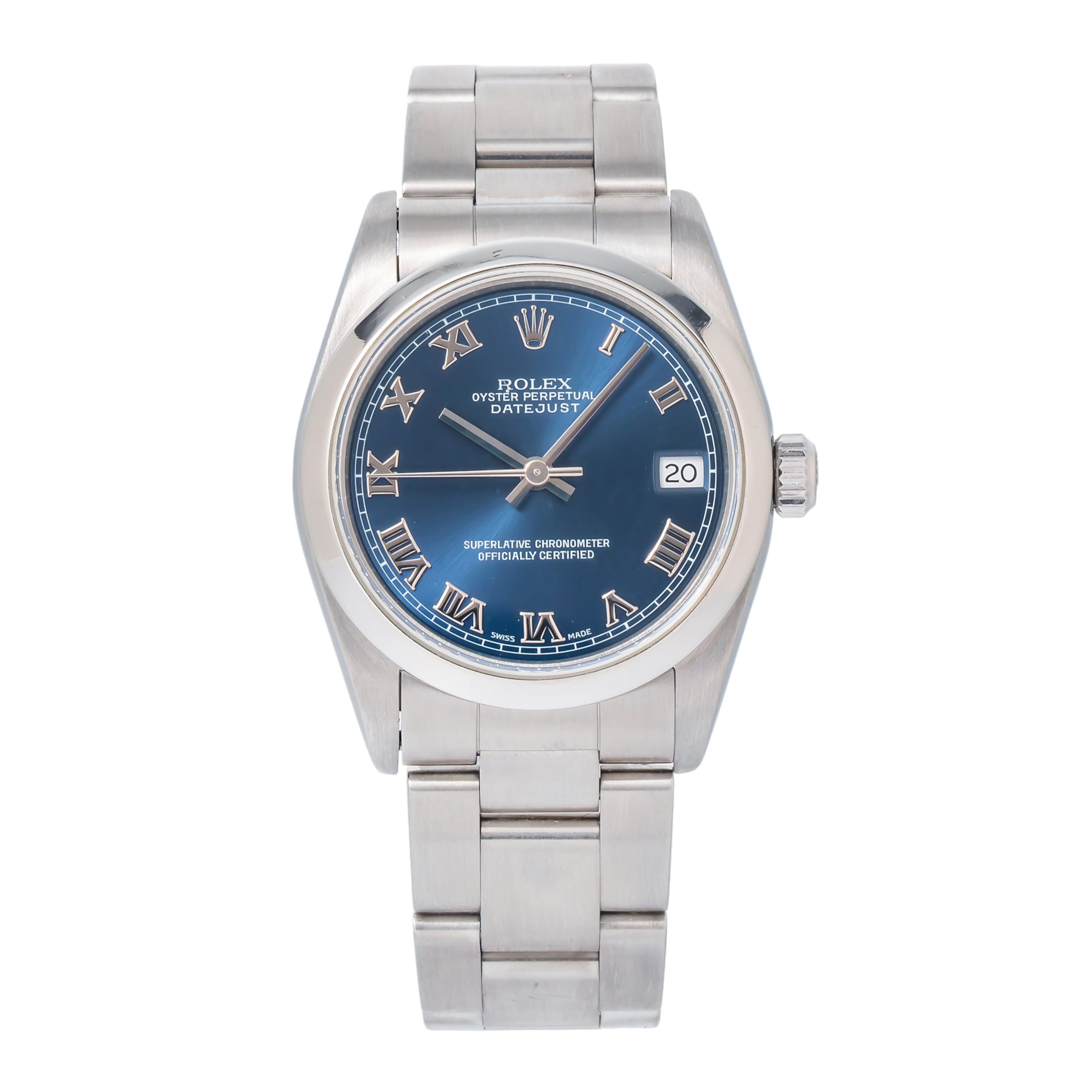 Rolex Datejust 31MM 6824 Blue Roman Dial Smooth Bezel Stainless Steel Oyster Bracelet