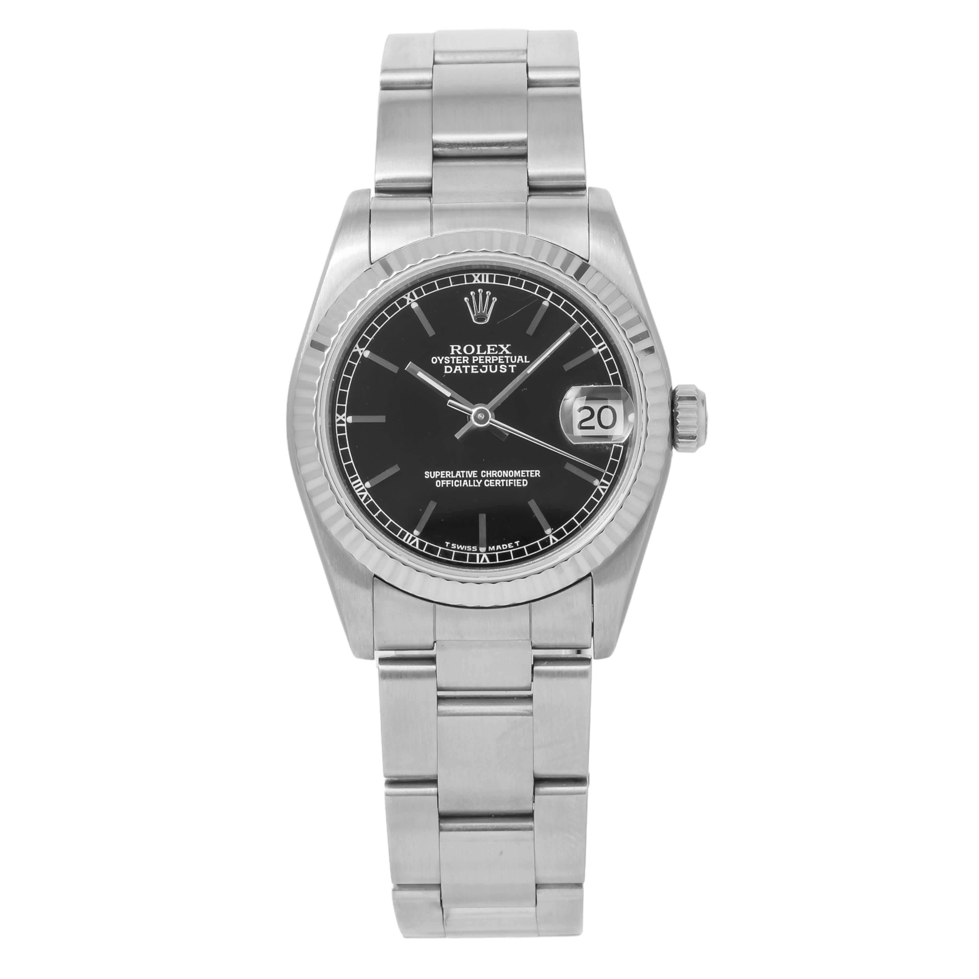 Rolex Datejust 31MM 68274 Black Dial White Gold Fluted Bezel Stainless Steel Oyster Bracelet