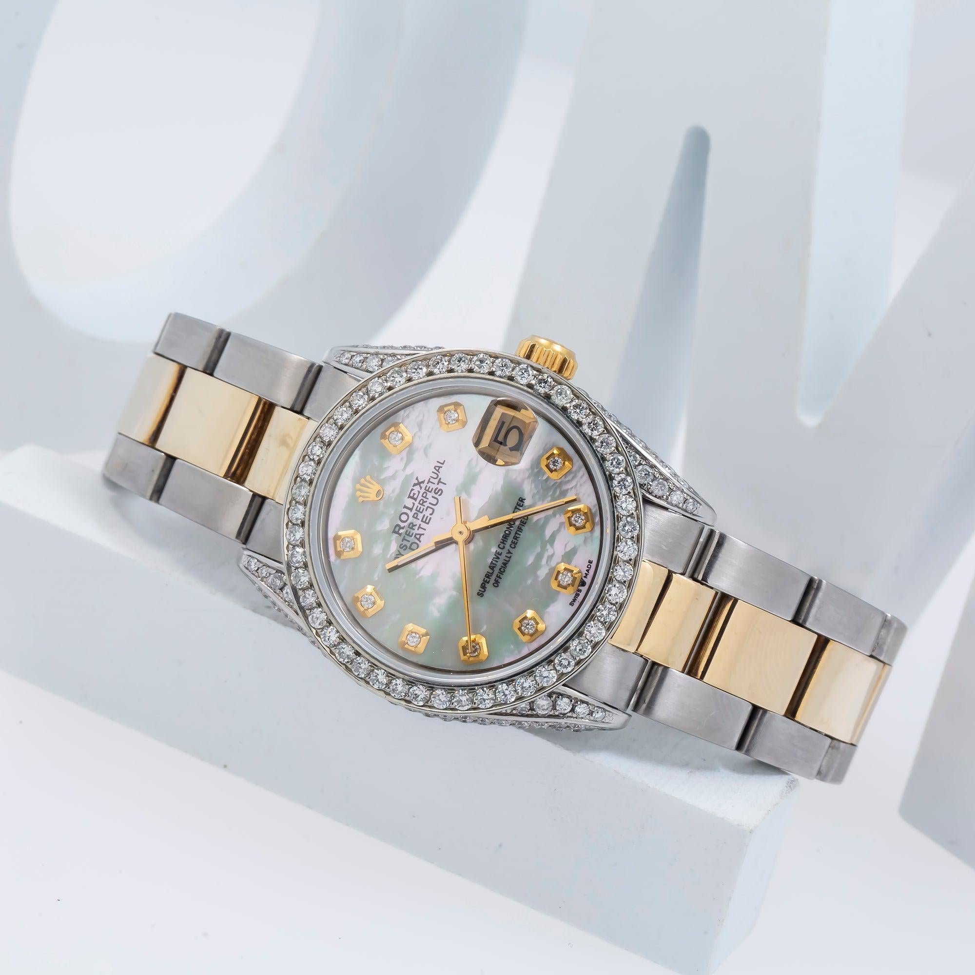 Rolex Datejust 31MM 68243 White Mother of Pearl Diamond Dial Diamond Bezel Two Tone Yellow Gold Oyster Bracelet