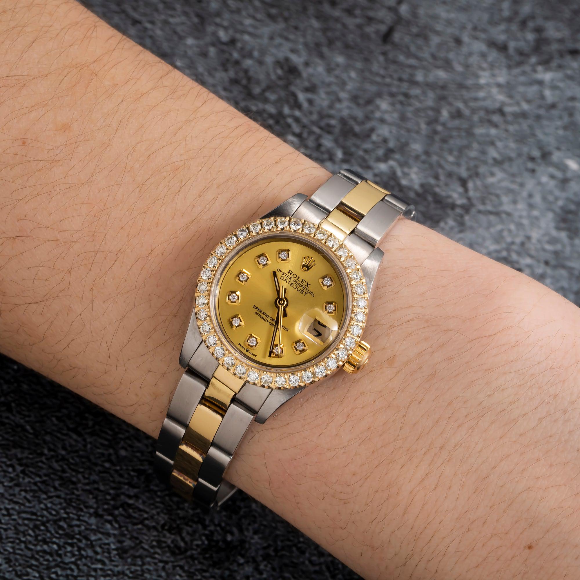 Rolex Datejust 26MM 69173 Champagne Diamond Dial Diamond Bezel Two Tone Yellow Gold Oyster Bracelet