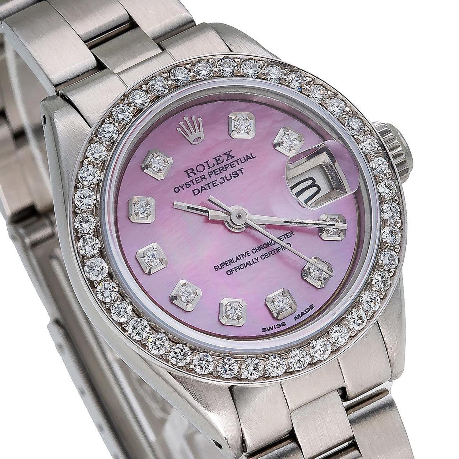 Rolex Datejust 26MM 69160 Pink Mother of Pearl Diamond Dial Diamond Bezel Stainless Steel Oyster Bracelet 1.3ct