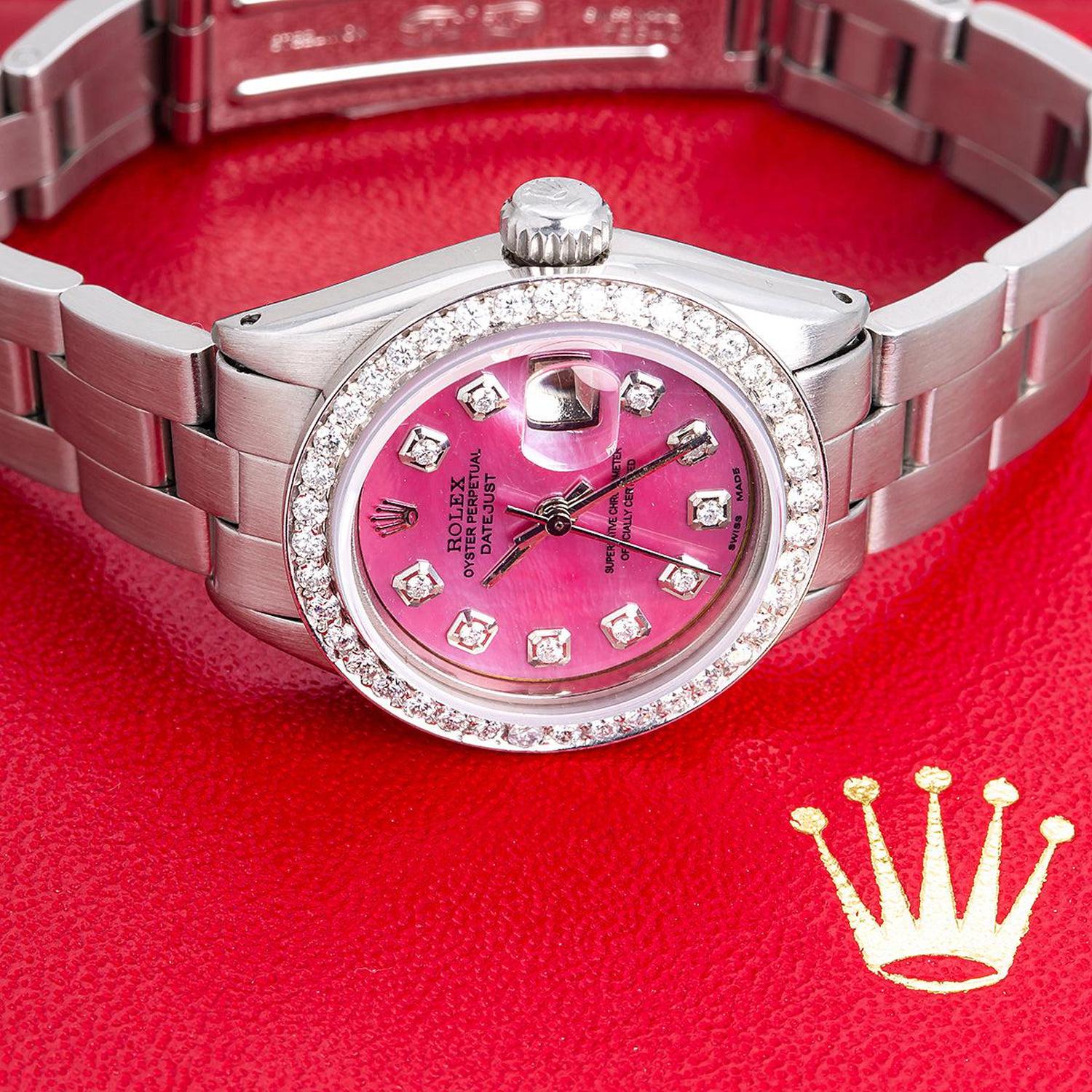 Rolex Datejust 26MM 69160 Pink Mother of Pearl Diamond Dial Diamond Bezel Stainless Steel Oyster Bracelet 1.3ct