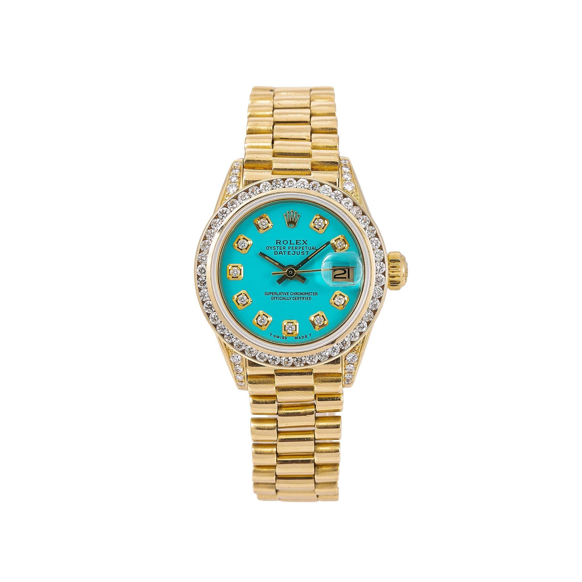 Rolex Datejust 26MM 69178 Turquoise Diamond Dial Diamond Bezel 18K Yellow Gold President Bracelet