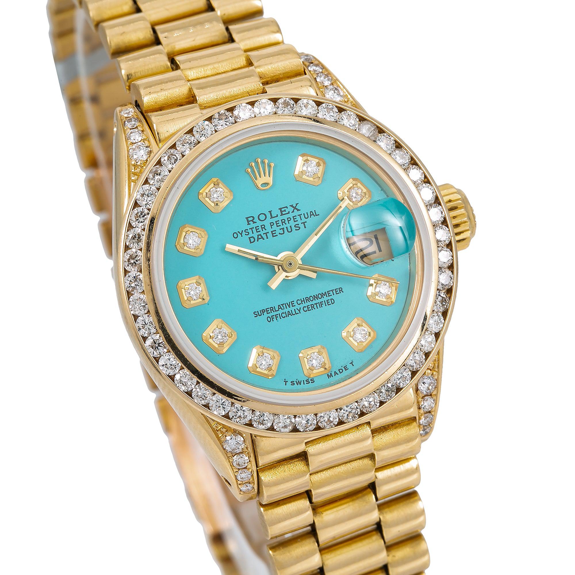 Rolex Datejust 26MM 69178 Turquoise Diamond Dial Diamond Bezel 18K Yellow Gold President Bracelet
