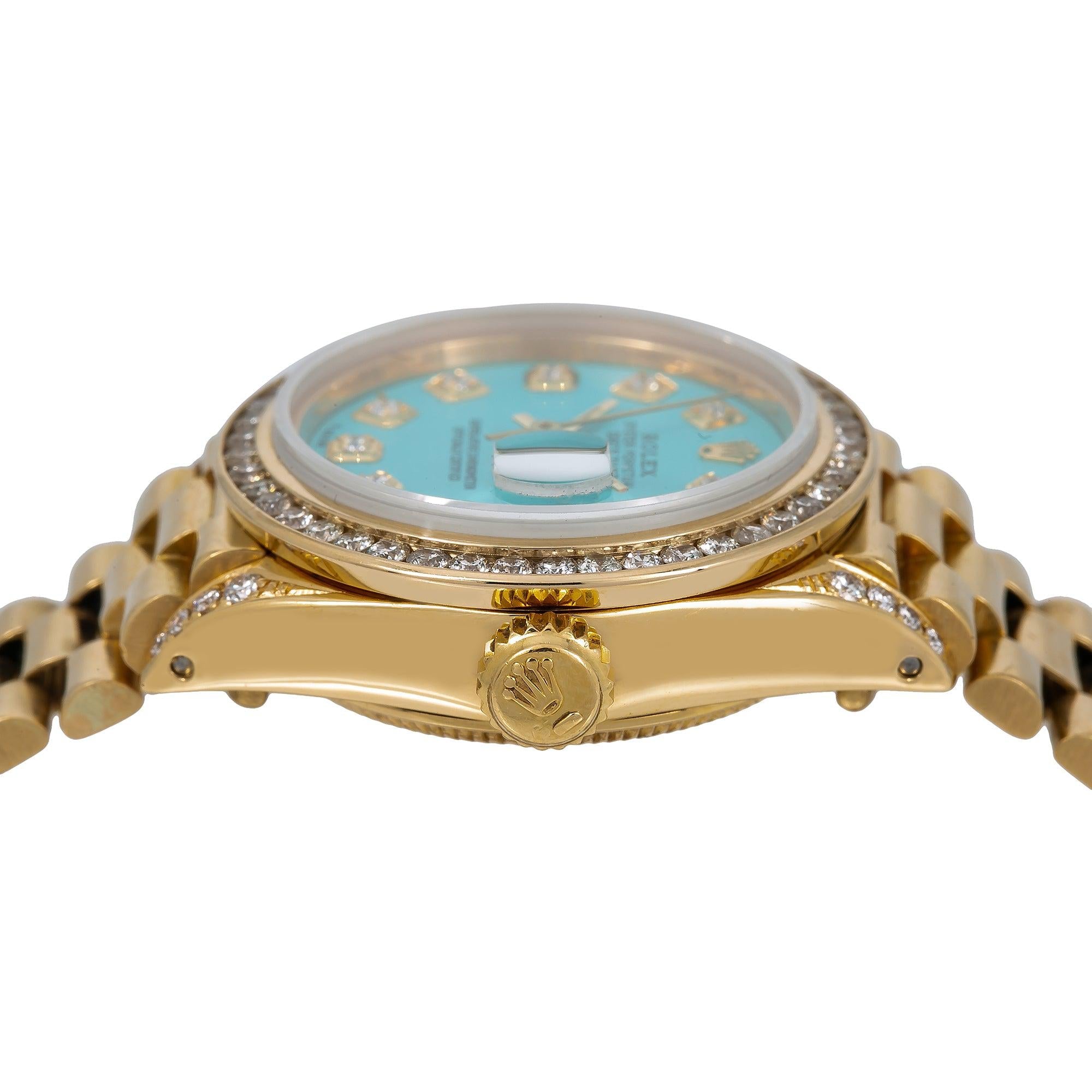 Rolex Datejust 26MM 69178 Turquoise Diamond Dial Diamond Bezel 18K Yellow Gold President Bracelet