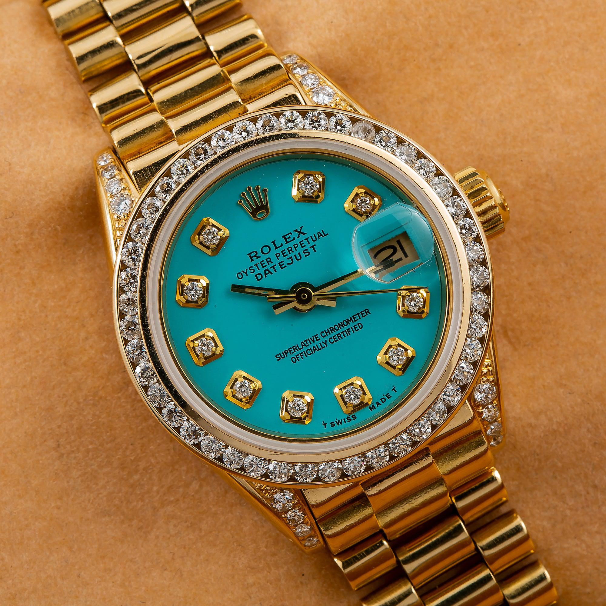 Rolex Datejust 26MM 69178 Turquoise Diamond Dial Diamond Bezel 18K Yellow Gold President Bracelet