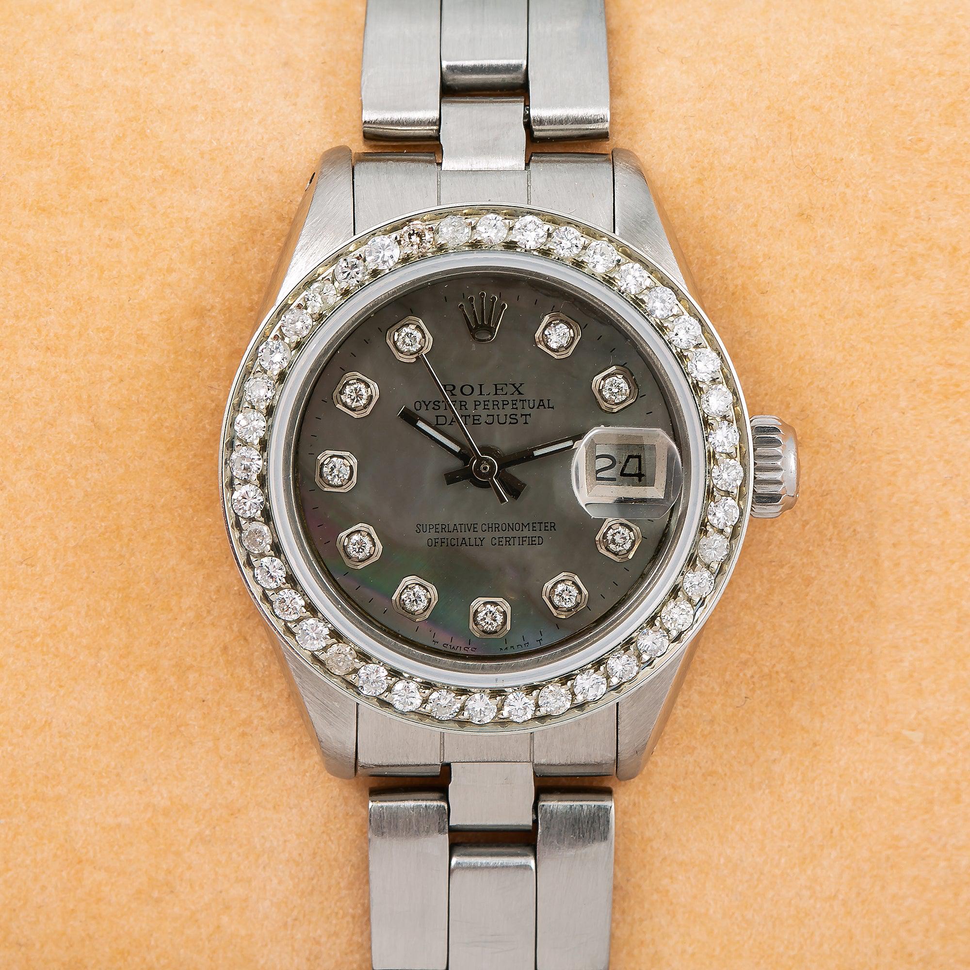 Rolex Datejust 26MM 69160 Black Mother of Pearl Diamond Dial Diamond Bezel Stainless Steel Oyster Bracelet 0.9ct