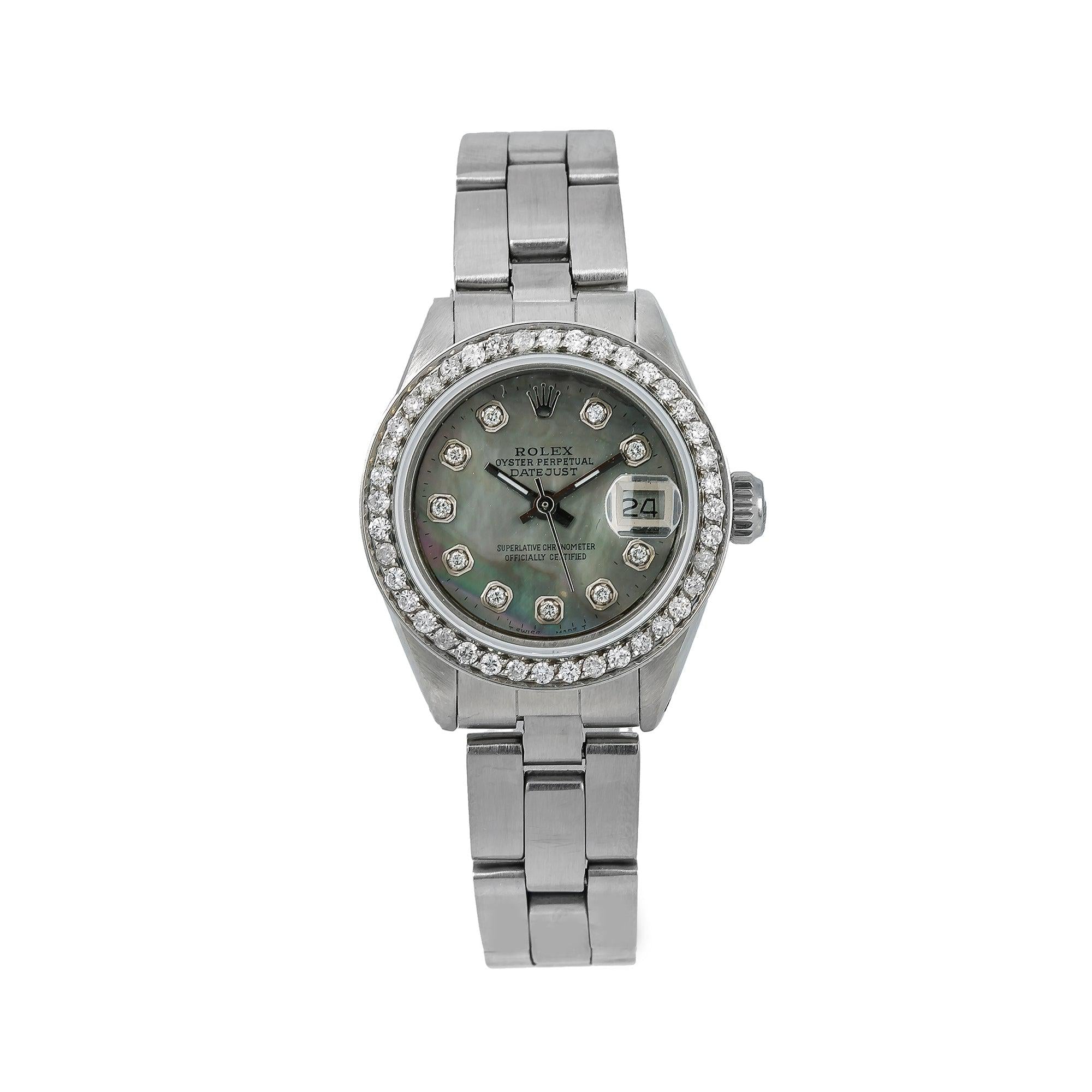 Rolex Datejust 26MM 69160 Black Mother of Pearl Diamond Dial Diamond Bezel Stainless Steel Oyster Bracelet 0.9ct