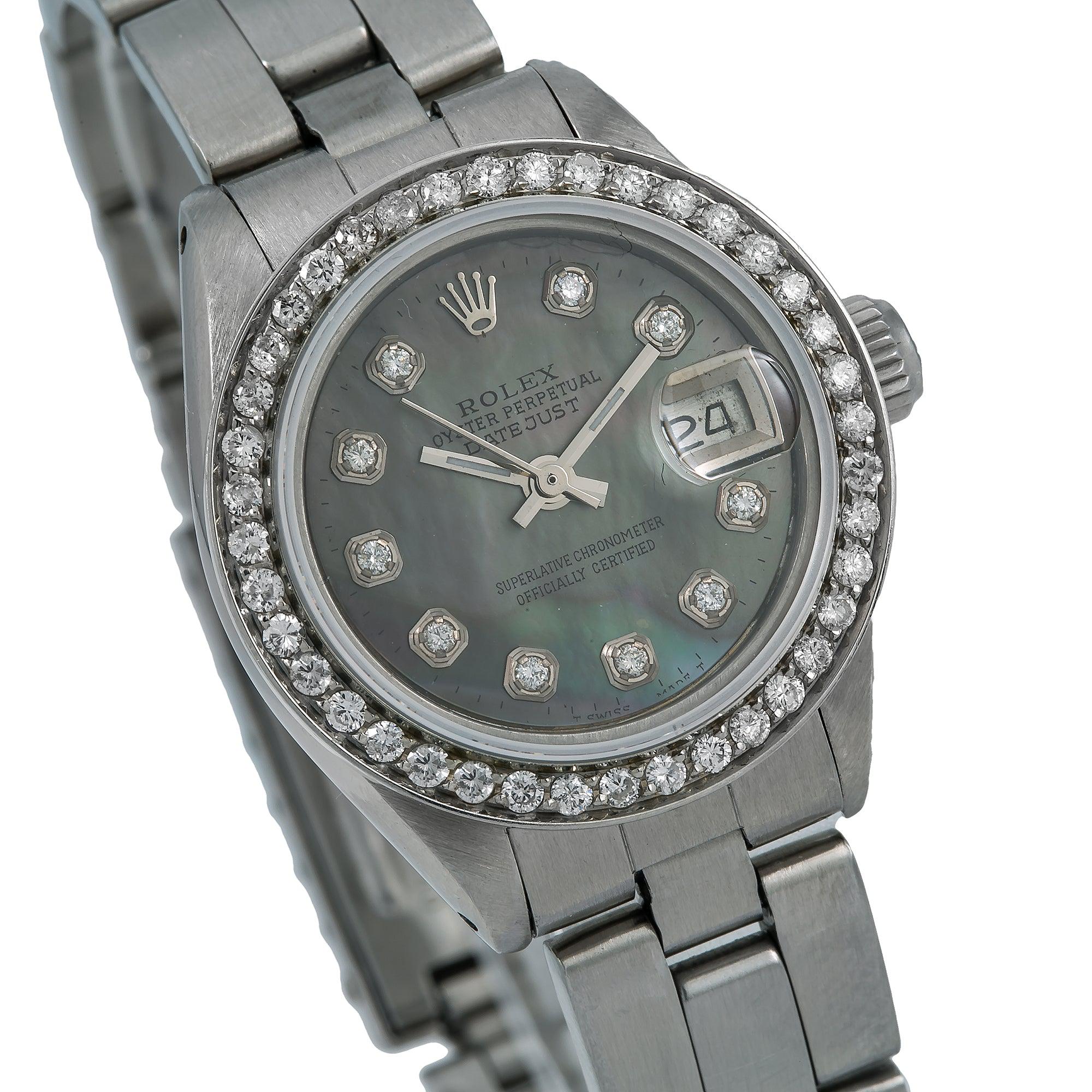 Rolex Datejust 26MM 69160 Black Mother of Pearl Diamond Dial Diamond Bezel Stainless Steel Oyster Bracelet 0.9ct